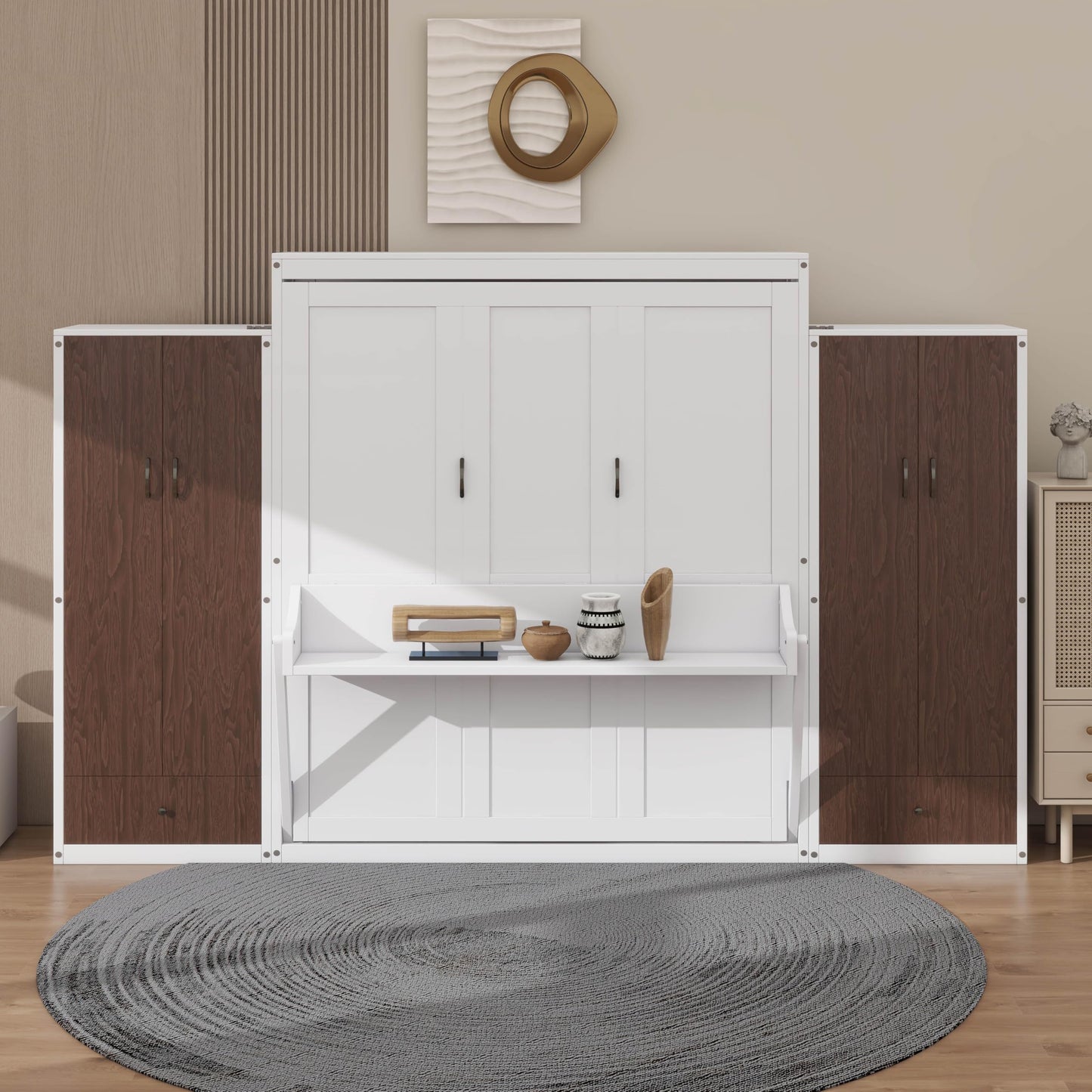 YunNianYang White Murphy Bed Wall Bed with Closet,Drawers and Table (Queen)
