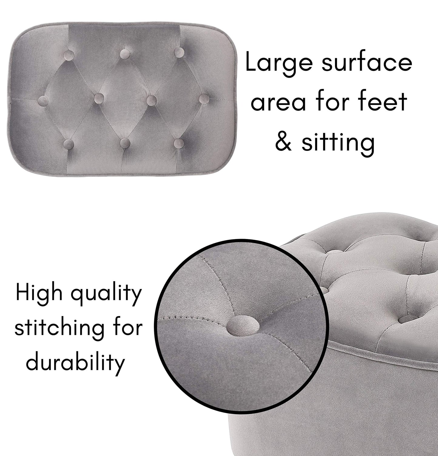 BIRDROCK HOME Tufted Curve Ottoman Velvet Foot Stool - Modern Upholstered Padded Footrest for Living Room or Bedroom - Small Cushioned Accent Chair for Couch, Sofa, or Large Seating (Grey)