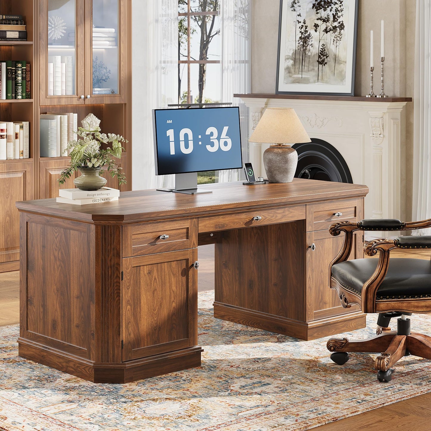 AMBERHAUS 59" Classic Executive Desk with Storage, Victorian Executive Desk with Charging Station, Keyboard Tray, 3 Drawers & 2 Cabinet Storage & 2 Pedestals, Easy Assembly, Dark Walnut