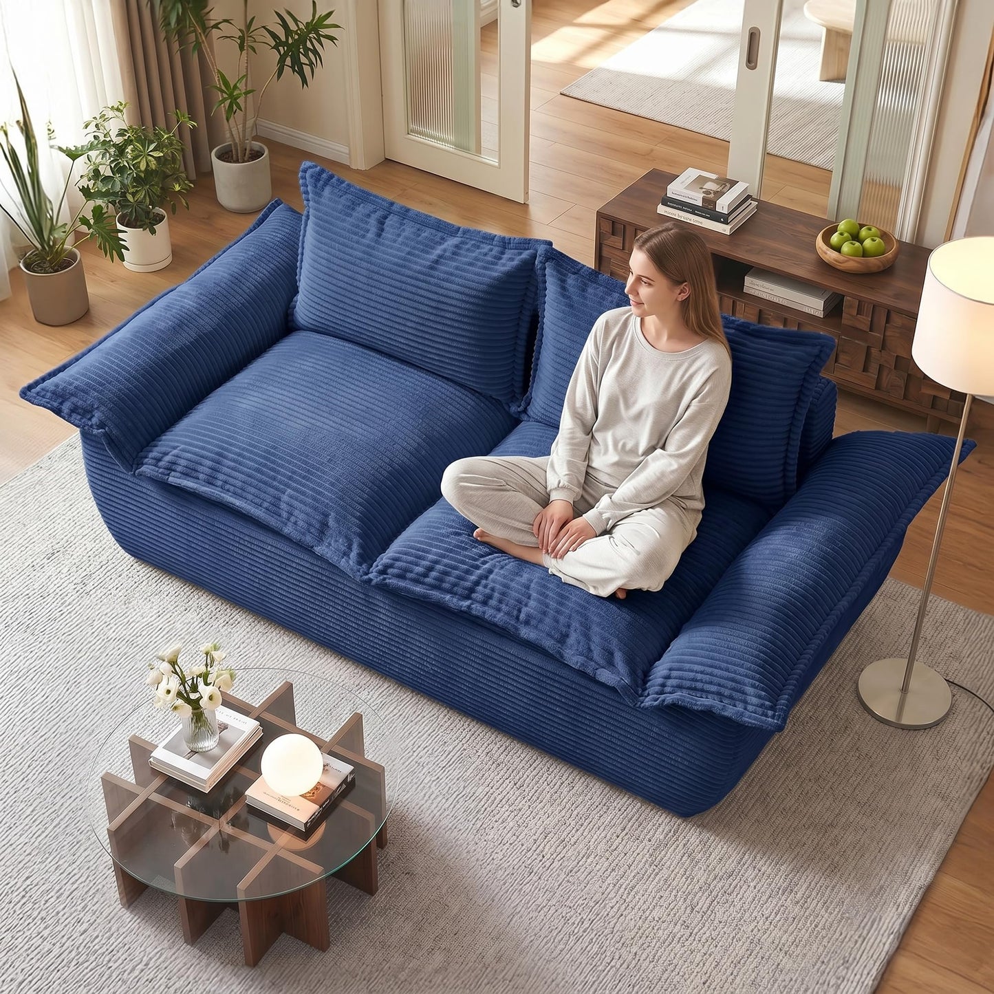 JUIKURY 55" Convertible Corduroy Sofa Bed, Boneless Foldable Loveseat Sleeper Couch, Compressed Foam Floor Sofa with Removable Cushions & Pillows for Small Space Living Room