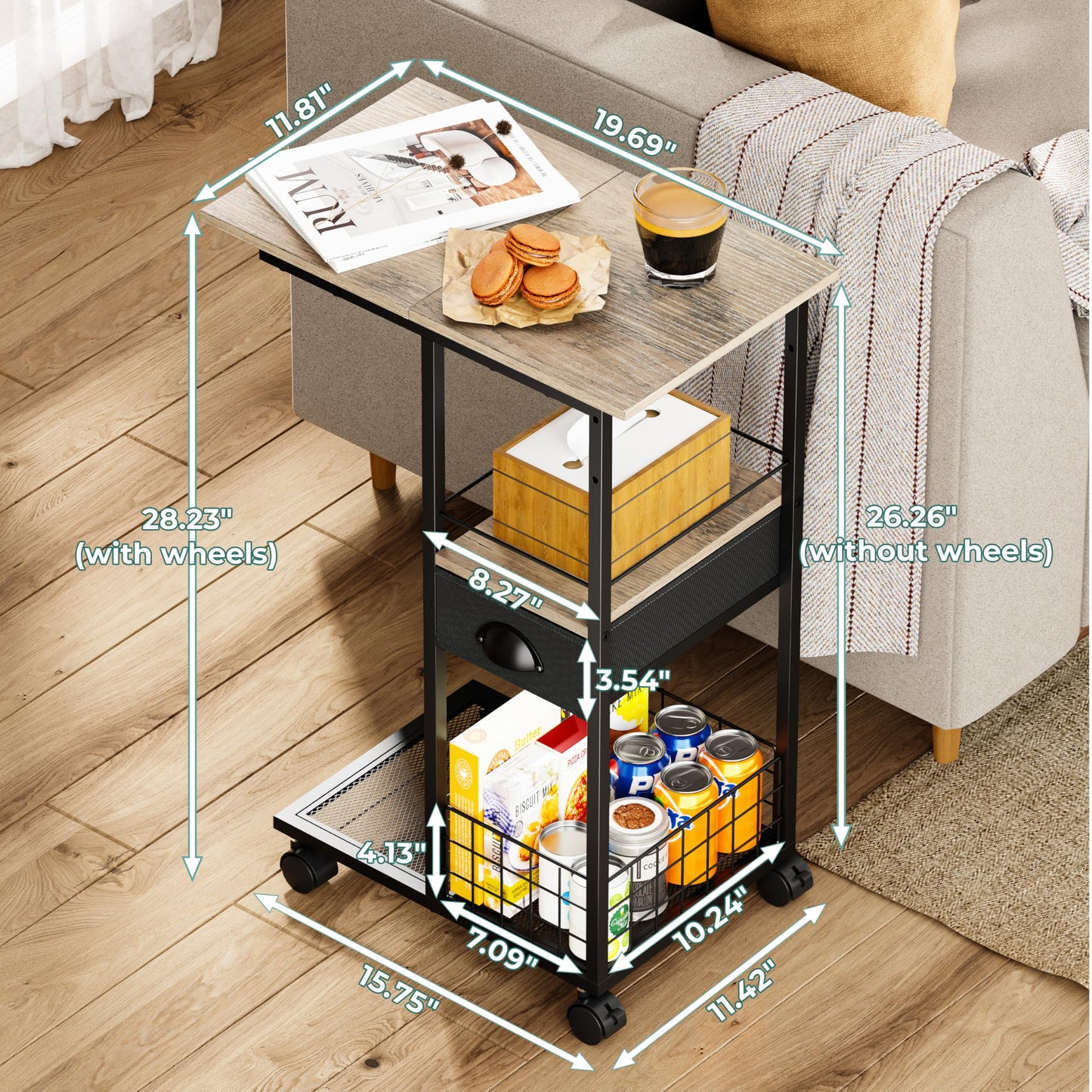 Rolling C Shaped Side Table with Storage Drawer, Ivory Portable Desk on Wheels, Bedside Table for Sofa Couch & Bed, Small Overbed Laptop Desk, Mobile Coffee End Table for Bedroom Living Room Dorm