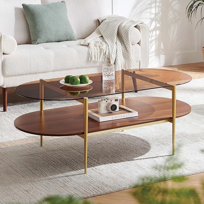 LumFurn X-Large Oval Glass Coffee Table, Mid-Century Modern Design, L47 x W24 x