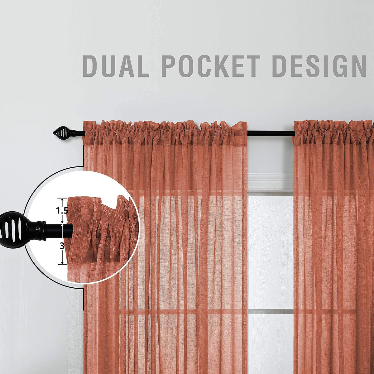 KOUFALL Rustic Curtains for Cabin Living Room 63 Inch Length 2 Panels Set,Farmhouse Sheer Boho Western Curtains for Bedroom 63 Inches Long,Terra Cotta Terracotta Rust Copper Orange