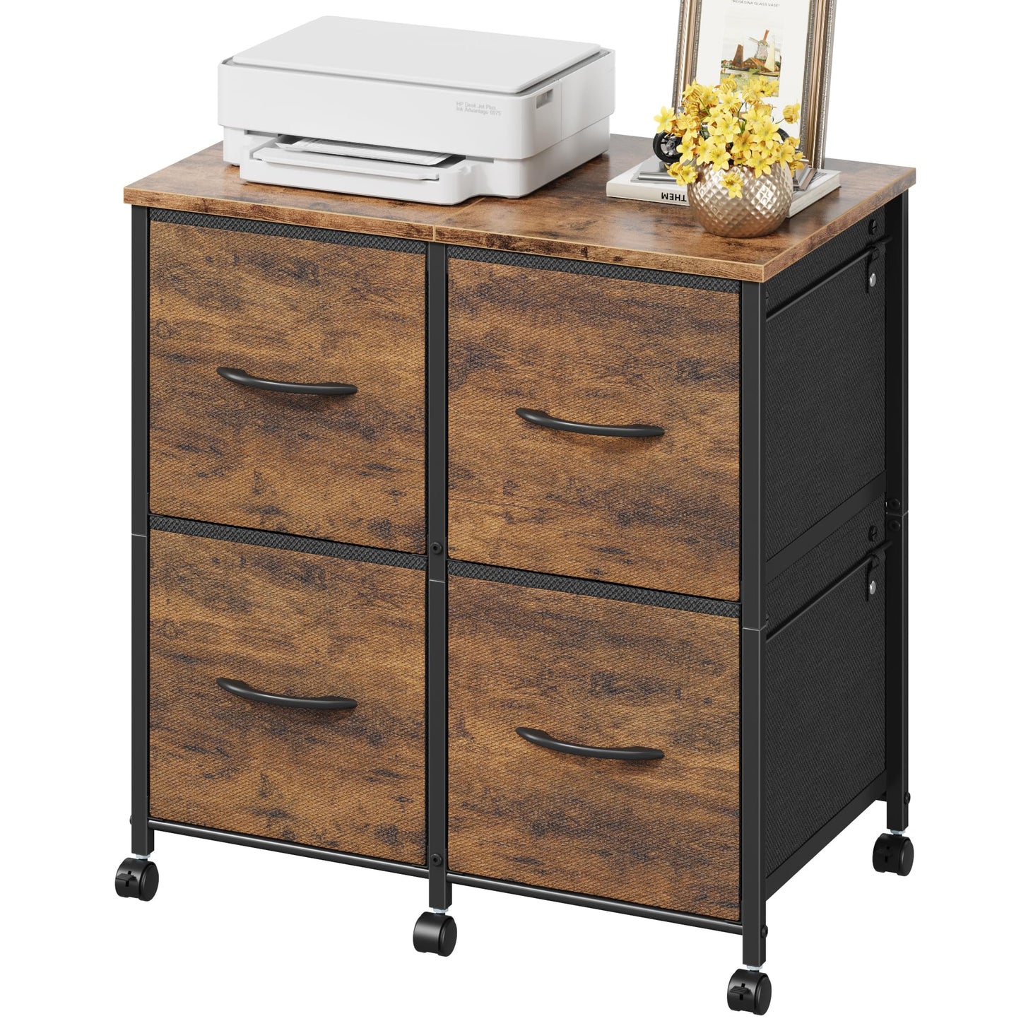 HIGDBFE 4 Drawer Lateral File Cabinet, Mobile Filing Cabinet for Large Printer, Home Office Functional Office Storage Cabinet & Printer Stand, Fits Letter/A4, No Legal, Fabric Drawer, Rustic Brown