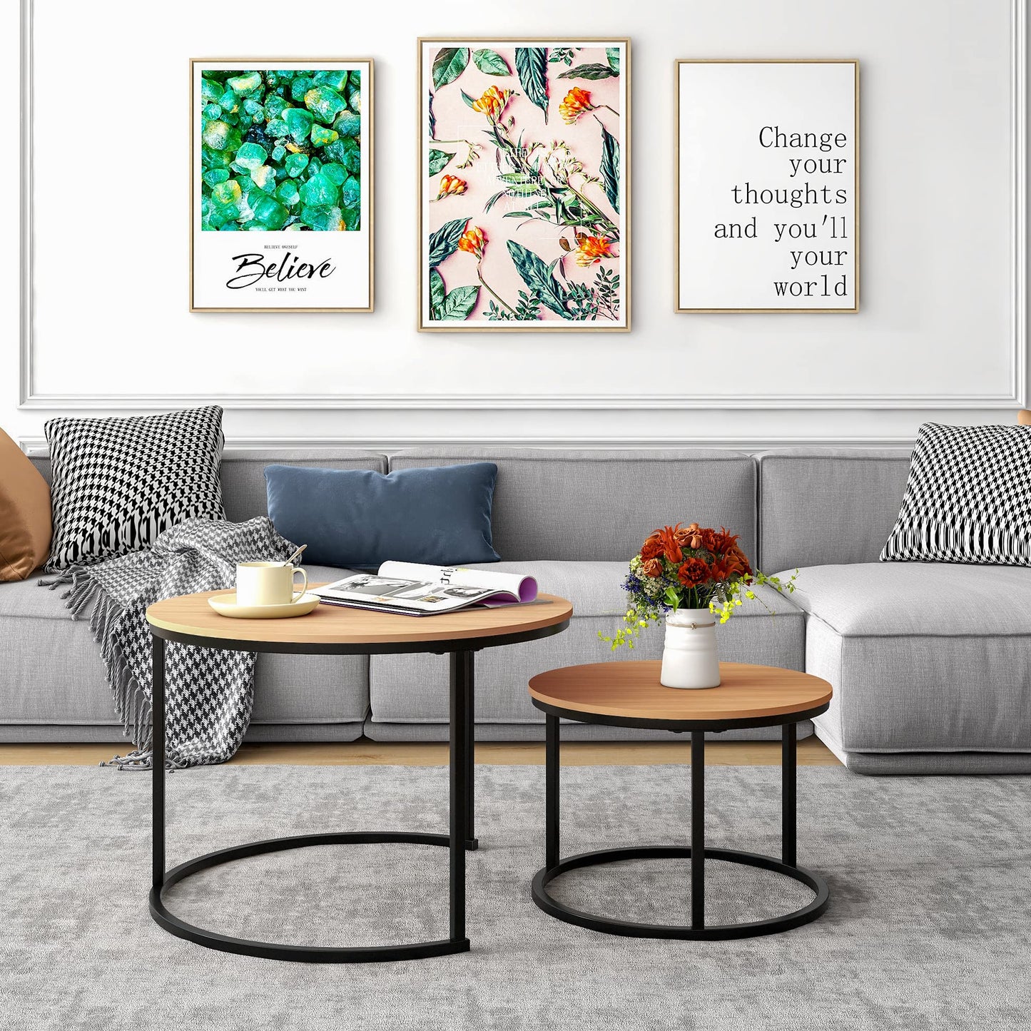 HOJINLINERO Round Coffee Table,Nesting Coffee Table Set of 2,Center Tables for Living Room,Office, Home Small Space,Stacking Side Tables,Sturdy and Easy Assembly,Wood Desktop,Black+Teak OAKDK,Large