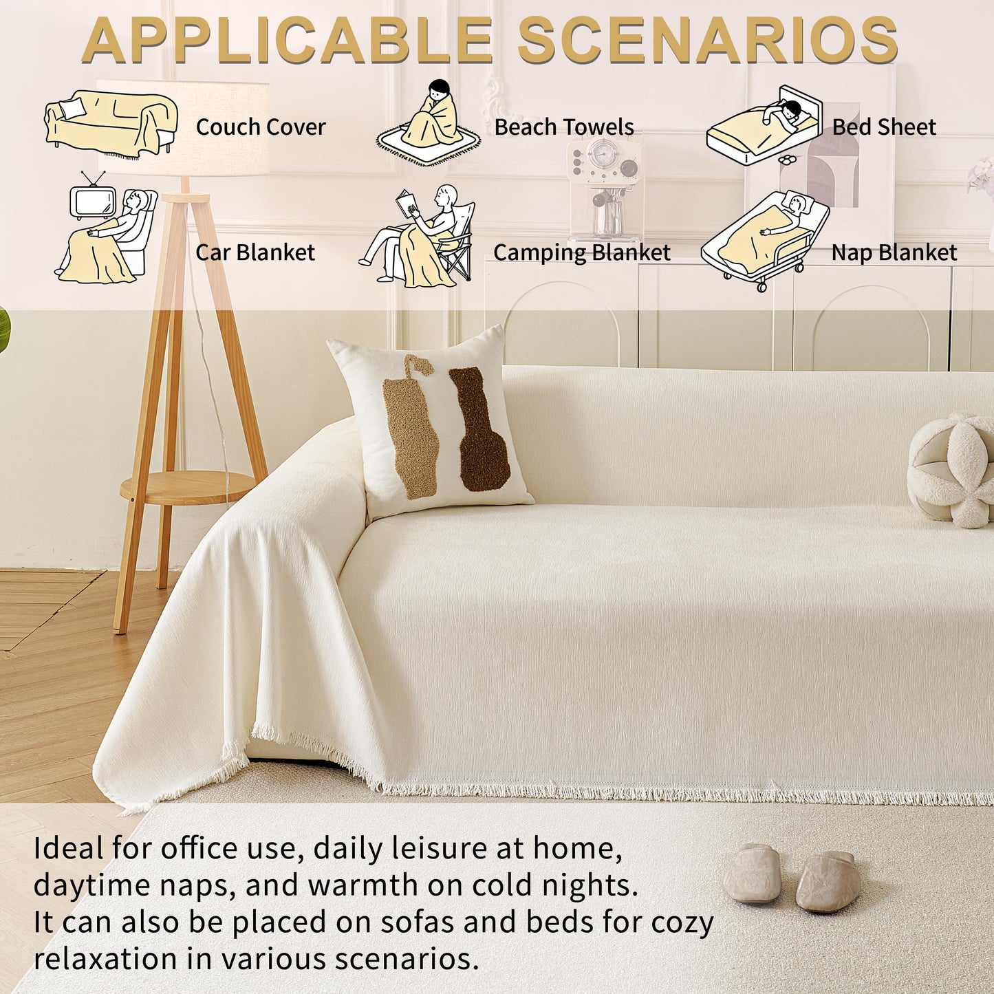 KaviKon Sectional Couch Covers 2-Piece for L Shape Sofa, Chenille Washable Sofa Cover for 2-3 Cushion Couch, Non-Slip Furniture Protector for Dogs,Pets, Soft Couch Blanket Slipcovers Sets (L-Cream)
