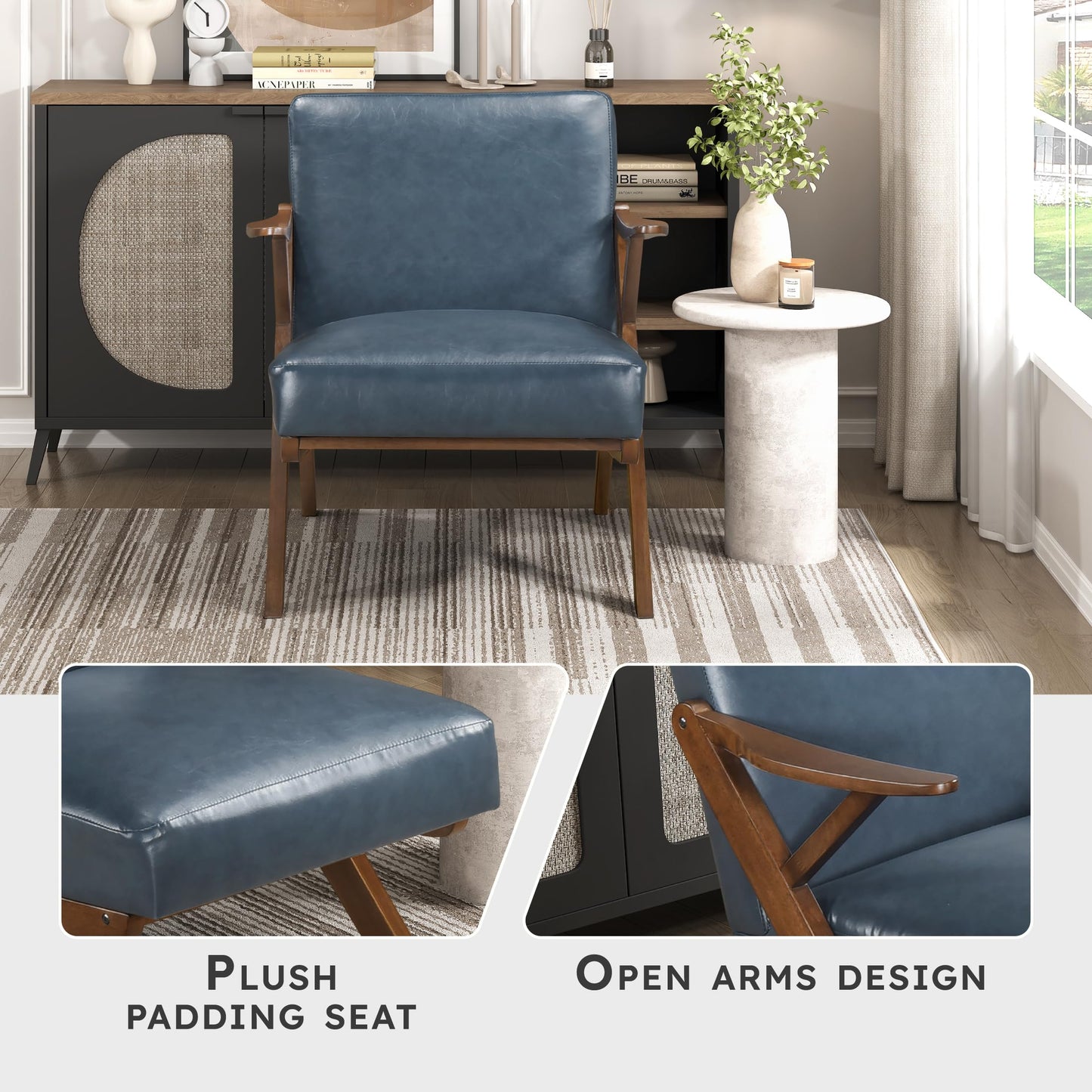 Lexicon Mid Century Modern Accent Chair, Faux Leather Upholstered Lounge Seat, Brown Finish Solid Wood Framed Comfy Side Chair for Living Room/Bedroom/Office/Waiting Area, Blue
