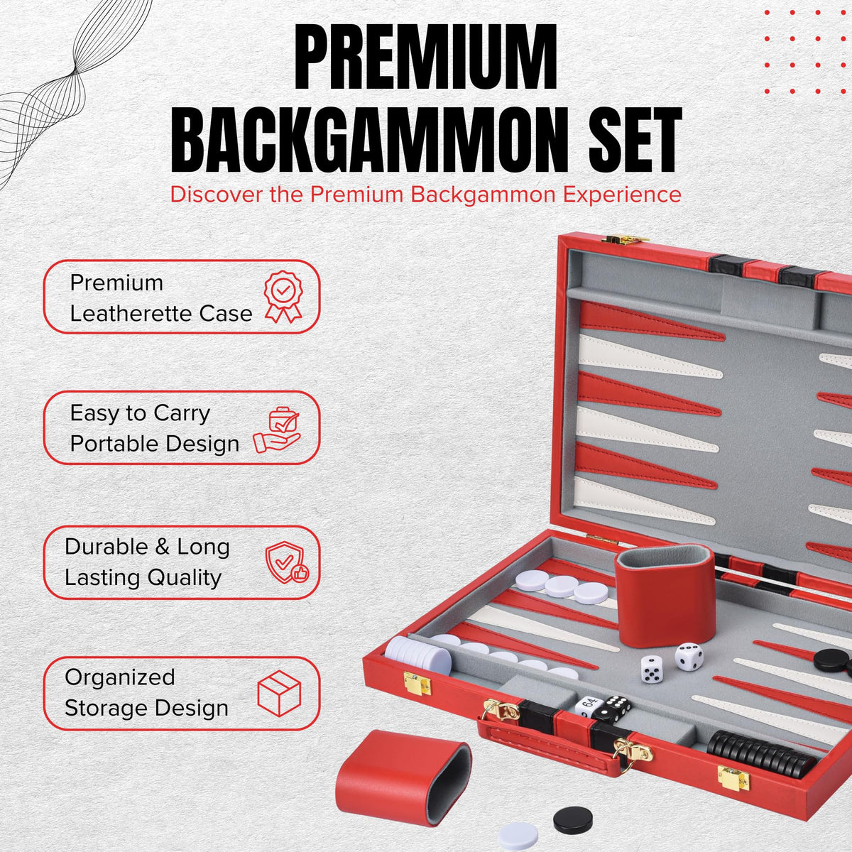 Premium Backgammon 18 Inches Large Red - Backgammon Sets for Adults and Kids - Leatherette Back Gammon Board Game Set - Travel Backgammon Set Board Encased with Accessories