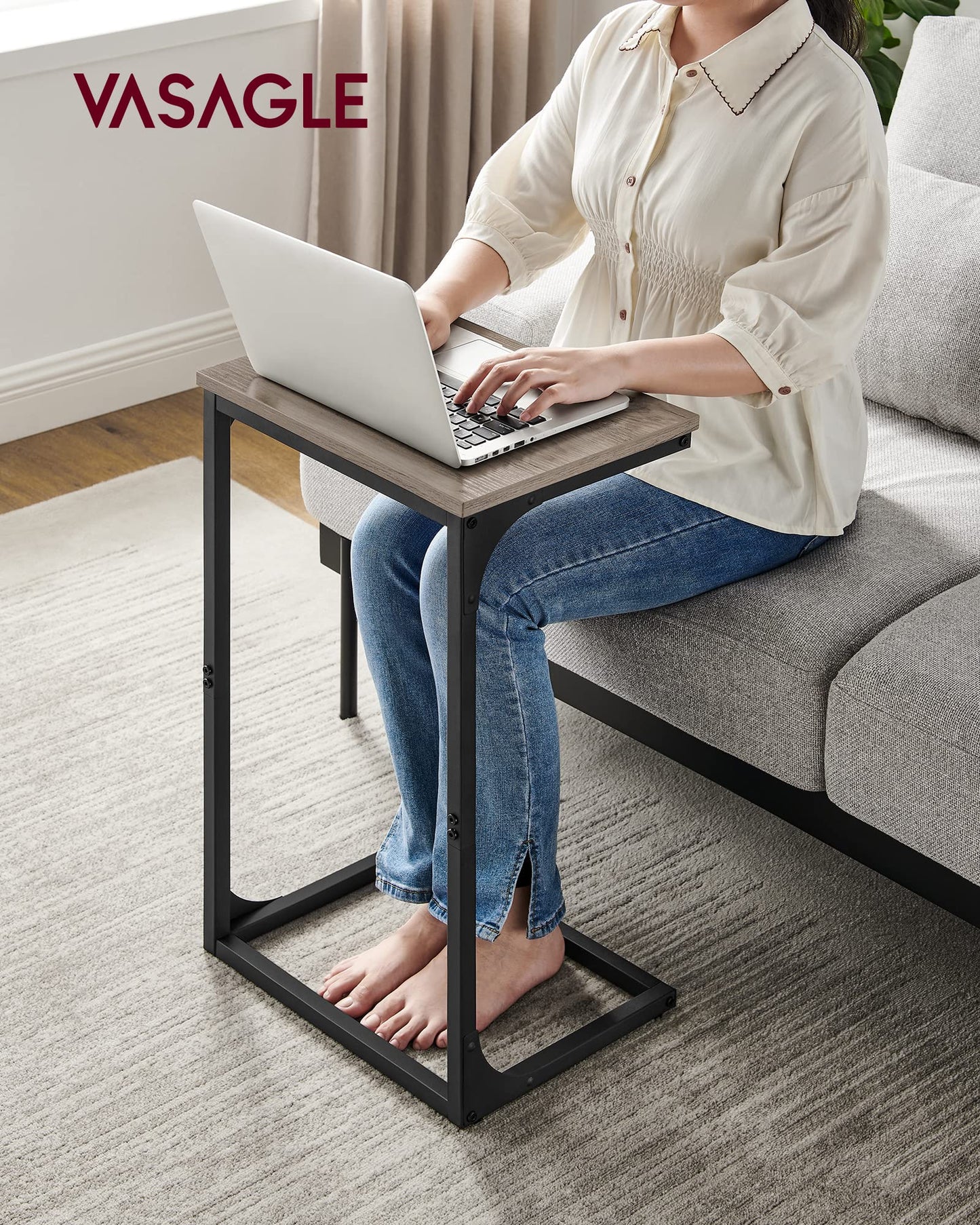 VASAGLE C-Shaped End Table, Side Table for Sofa, Couch Table with Metal Frame, Small TV Tray Table for Living Room, Bedroom, Greige and Black ULET353B02