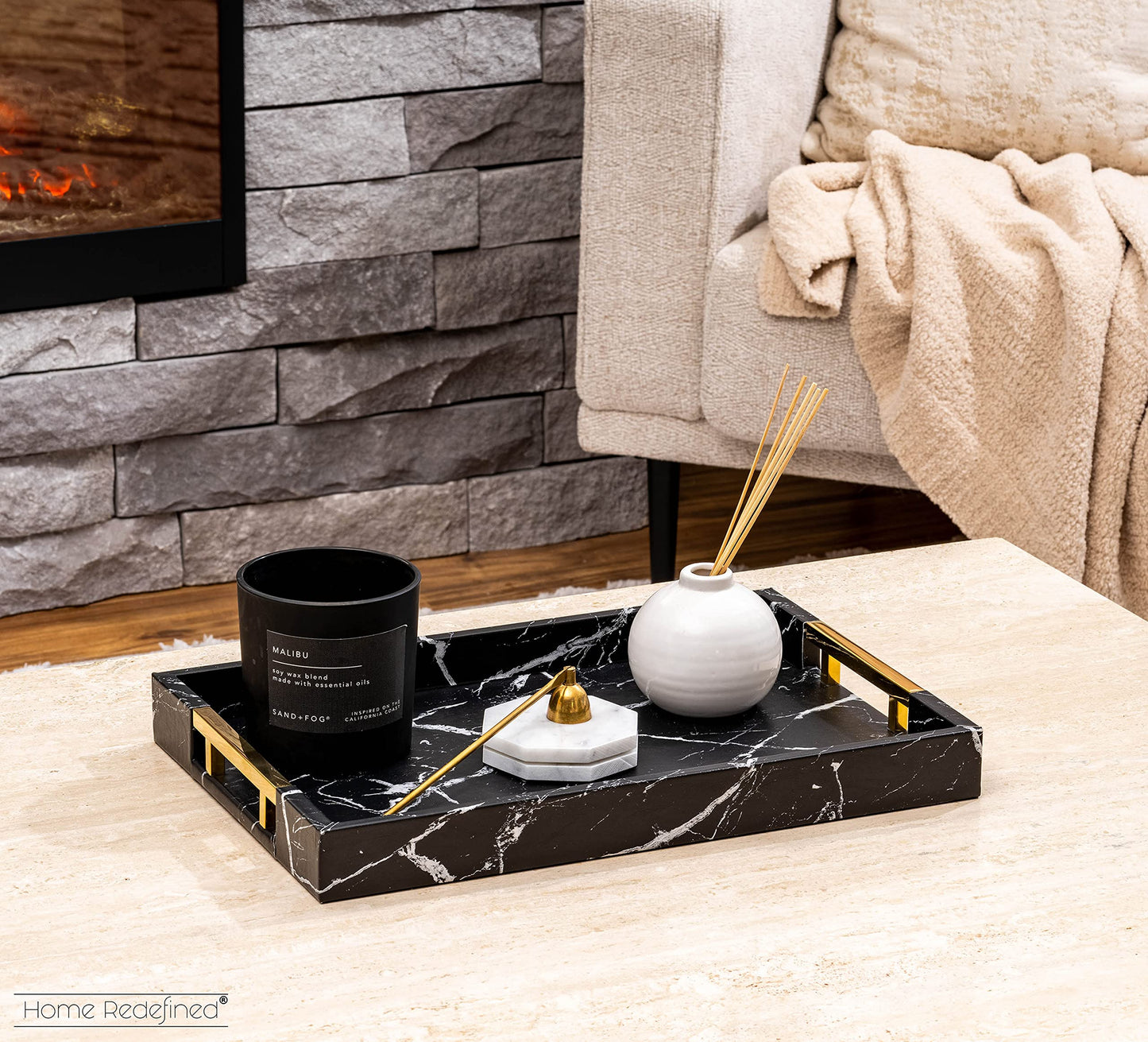 Home Redefined Modern Elegant 17.5"x12" Rectangle Black Marble Faux Leather Decorative Tray Ottoman Coffee Table Perfume Living Room Kitchen Serving Tray with Gold Polished Handles for All Occasion's