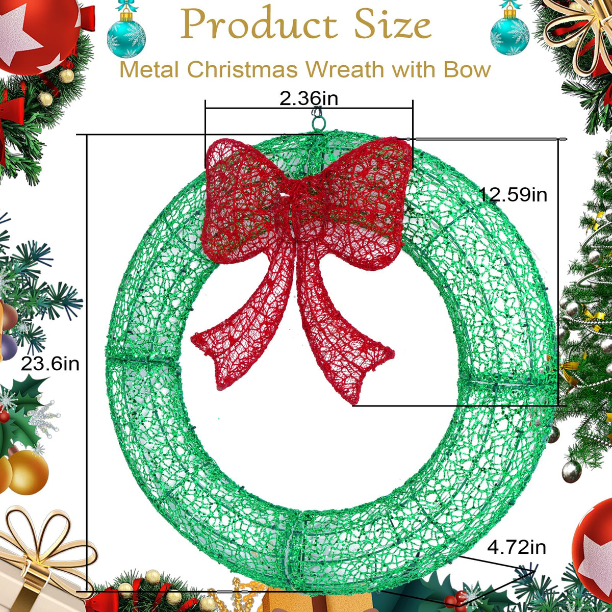 24" Pre-Lit Outdoor Christmas Wreath with 140 LED Lights and Bow, Lighted Metal Christmas Wreath Decoration with Timer Function for Xmas Home Wall Front Door Window Garage (White/Red, 24in)