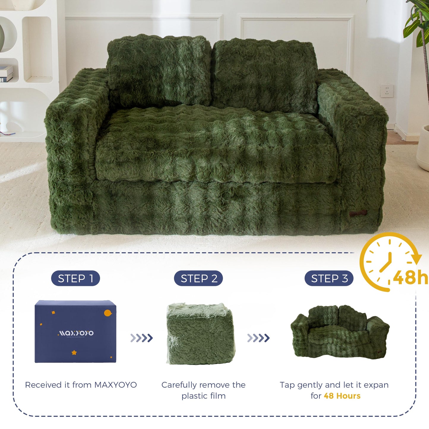 MAXYOYO Loveseat Sofa for Living Room, Small Sofa Couch Tufted Boneless Couch, Comfy Bean Bag Chair for Small Space Bedroom Apartment, No Assembly Needed, Green