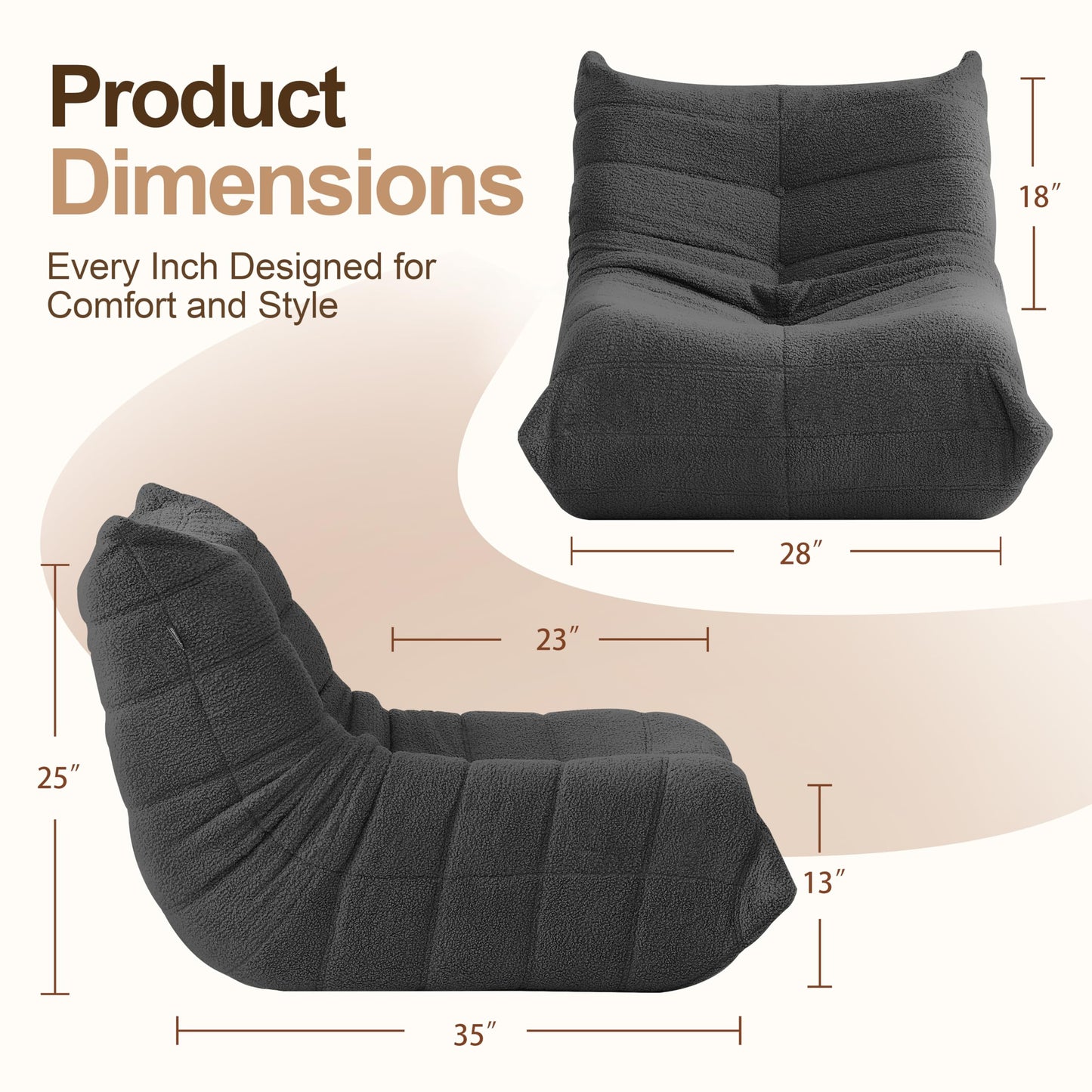 Gazecaia Comfy Bean Bag Chair for Adults Teens | Fireside Floor Lounge Chair,Soft Teddy High-Resilience Memory Foam Bean Bag Couch with Non-Slip Base,for Living Room Bedroom Apartment Office,Dark Gray
