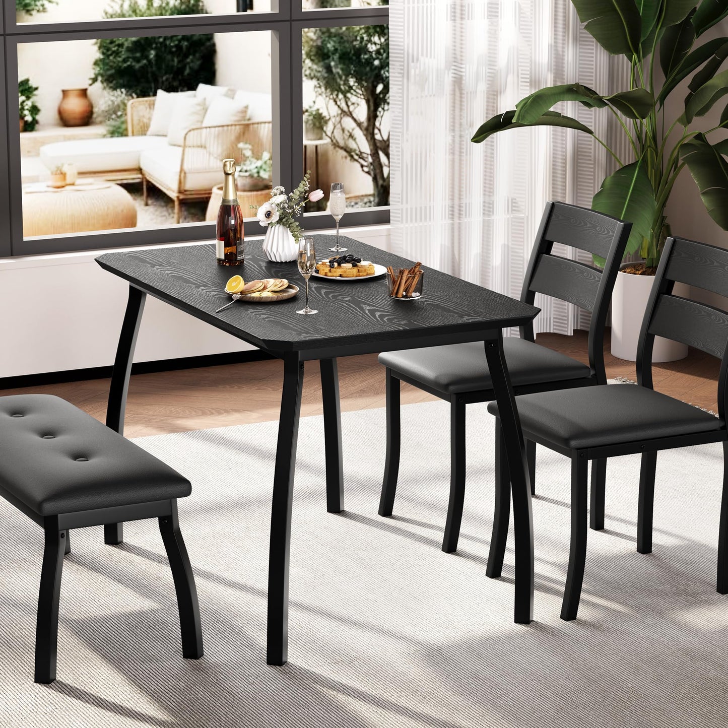 IDEALHOUSE 43'' Dining Table Set for 4, Wooden Kitchen Table with Upholstered Bench & 2 Cushion Chairs, Industrial Dinette Set for Studio, Kitchen, Dining Room, Apartment, Black