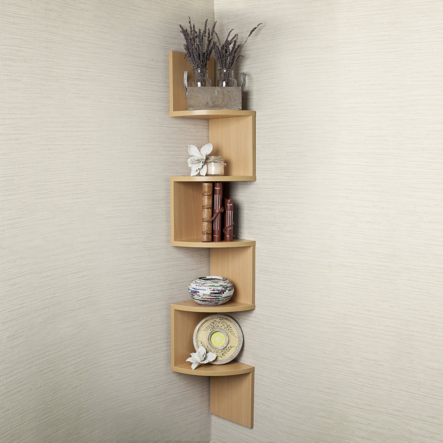 Danya B XF11035BH Large Decorative 5-Tier Corner Floating Wall Mount Display Shelving Unit - Beech Veneer