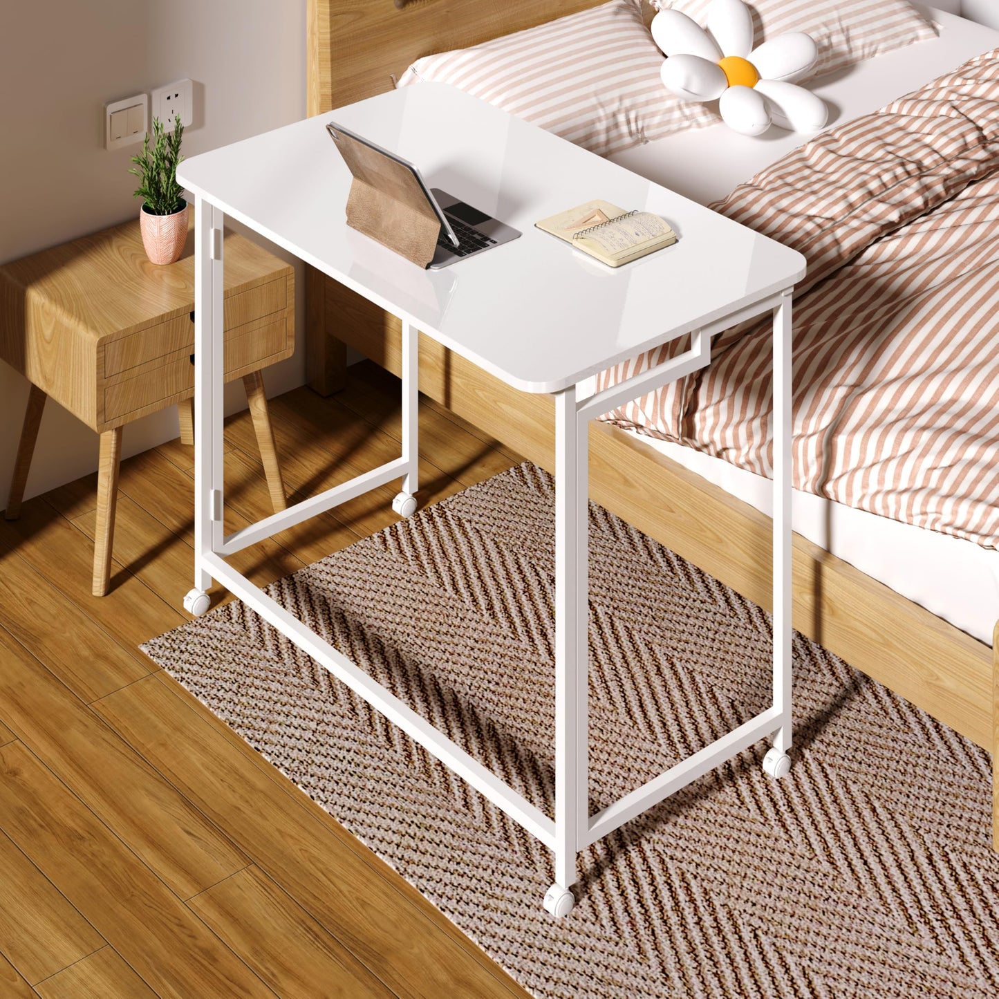 4NM 27.5" Mobile Small Rolling Computer Desk, Folding Laptop Cart Table with Wheels, Portable Office Desk for Small Space Couch Bed - All White