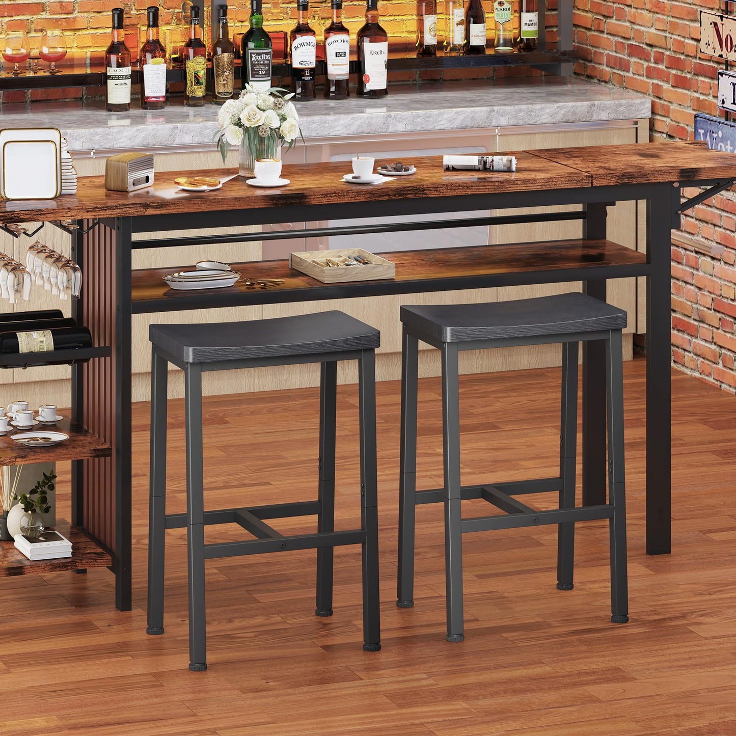 Homeiju Bar Stools, Counter Height Bar Stools Set of 2, 23.6 Inch Saddle Stools with Footrests, Industrial Kitchen Counter Seat for Dining Room, Kitchen, Counter, Black