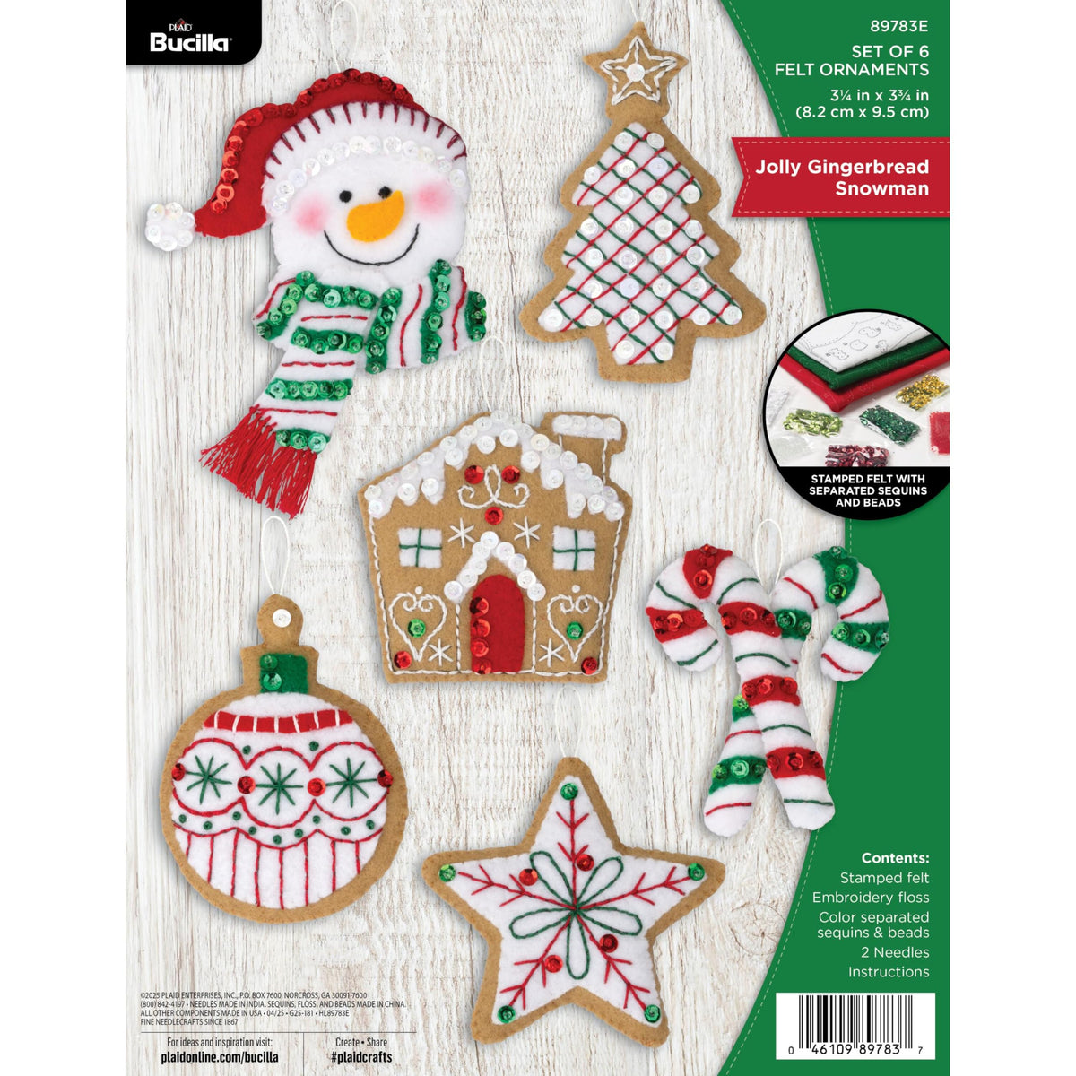 Bucilla Felt Applique 6 Piece Ornament Making Kit, Jolly Gingerbread Snowman, Perfect for DIY Arts and Crafts Projects
