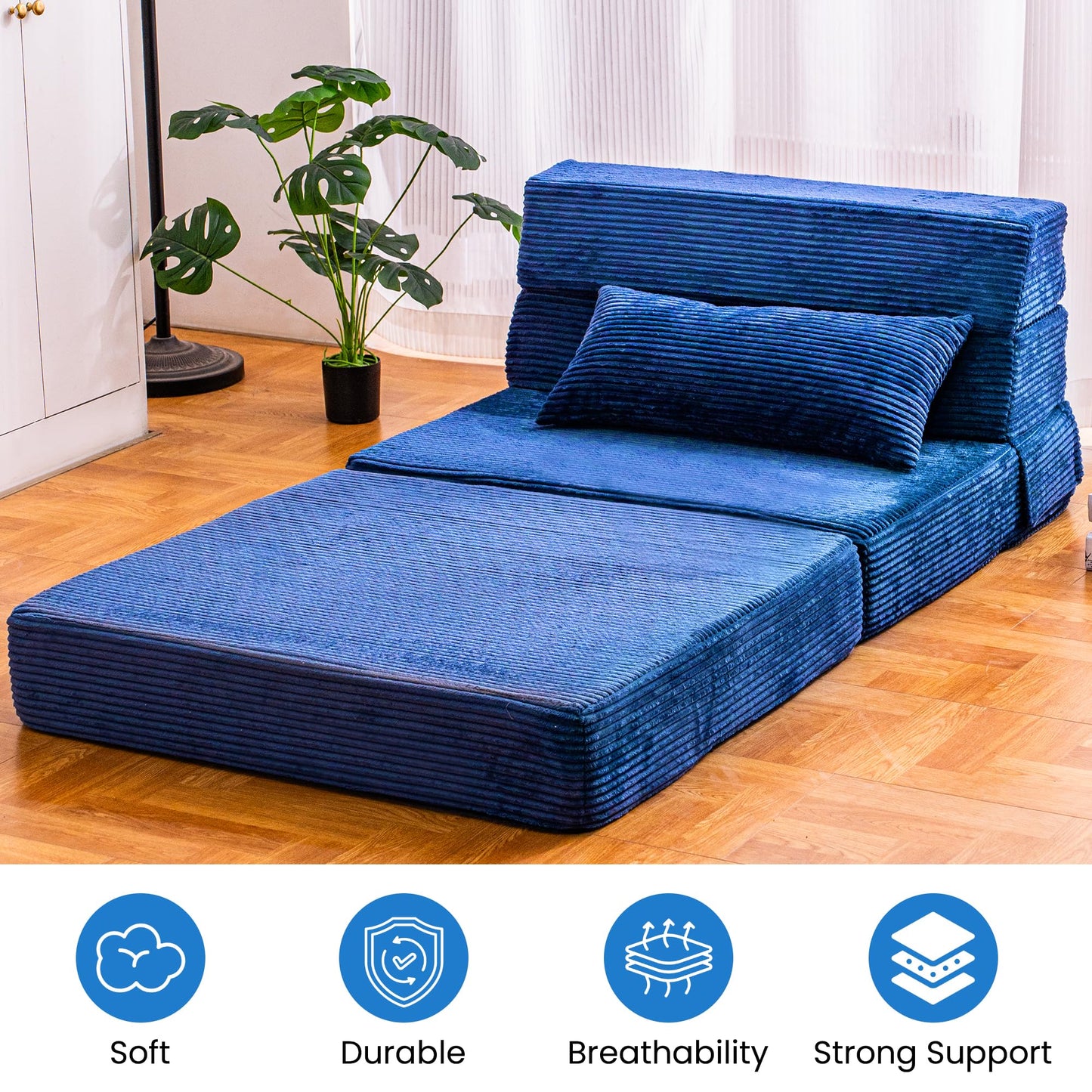 Cvortll Folding Sofa Bed, Convertible Sleeper Chair with Pillow, High Density Memory Foam Fold Out Couch, Foldable Mattress Futon Sofa for Living Room/Dorm/Guest Use/Apartment/Home Office