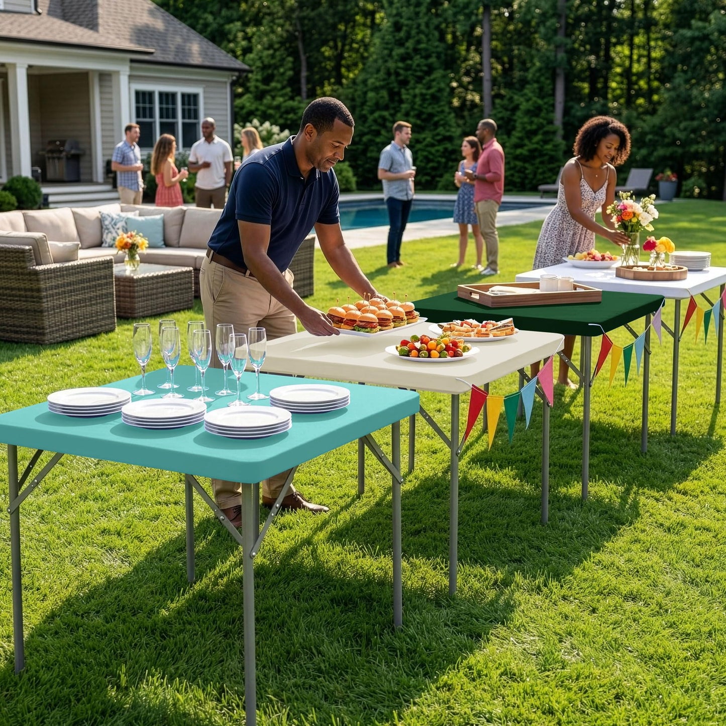 Enjoyidea Square Fitted Tablecloth 34x34 Inch-2 Pack Hunter Green Card Elastic Spandex Table Cover-Small Stretch Christmas Table Cloths Topper Cap for Kitchen Dining Picnic Patio Outdoor Party Tables