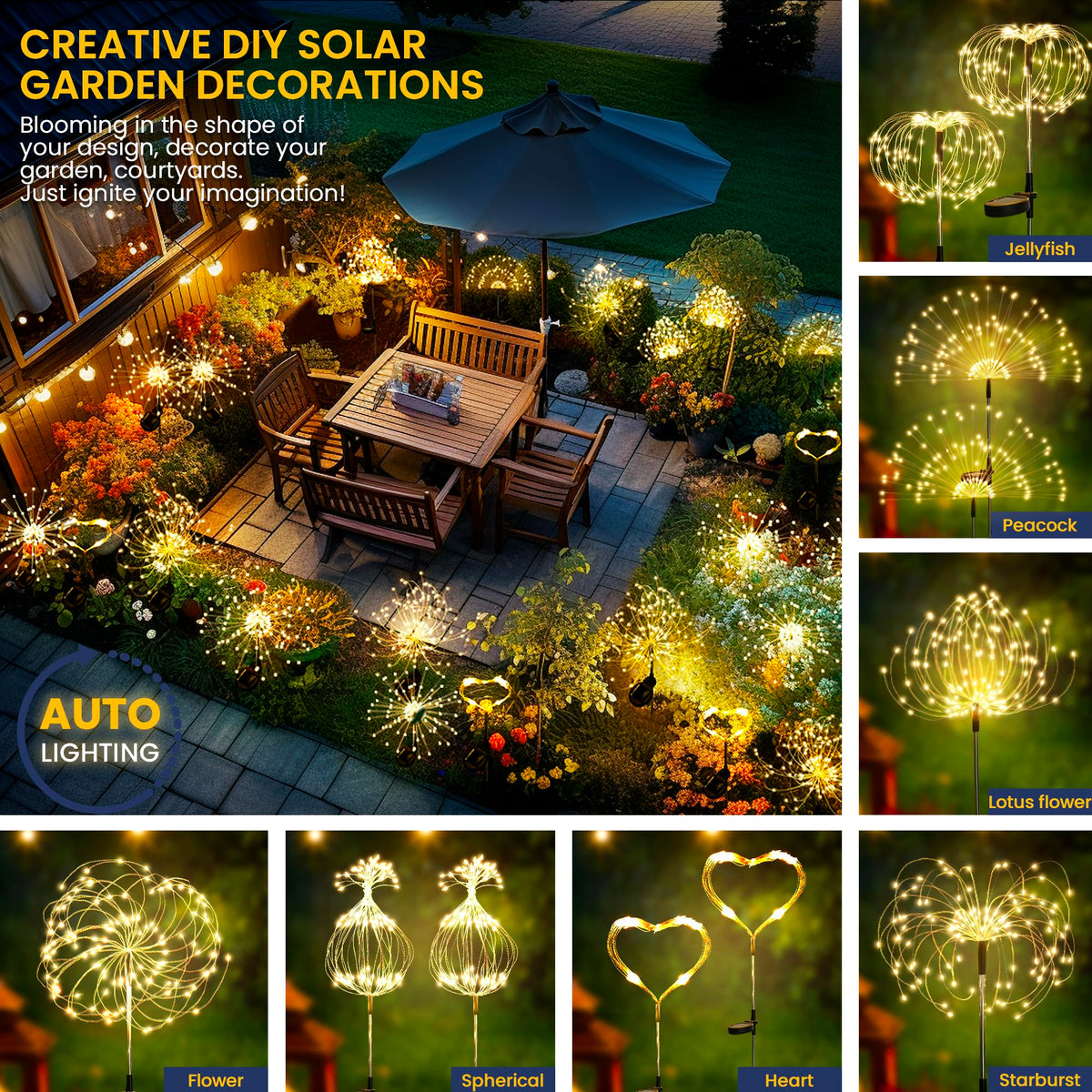 GIGALUMI Garden Decor Outdoor Lights 120LED 6Pack, Solar Garden Lights Outside Fairy Firework Decorative,Solar Powered for Yard Pathway Flowerbed Planter Balcony Patio 4th of July Decor (Warm White