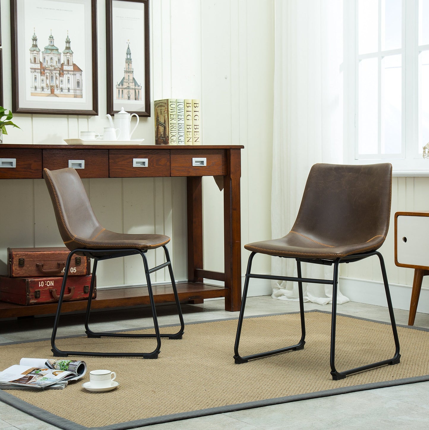 Roundhill Furniture Lotusville Vintage PU Leather Dining Chairs, Set of 2, Antique Brown