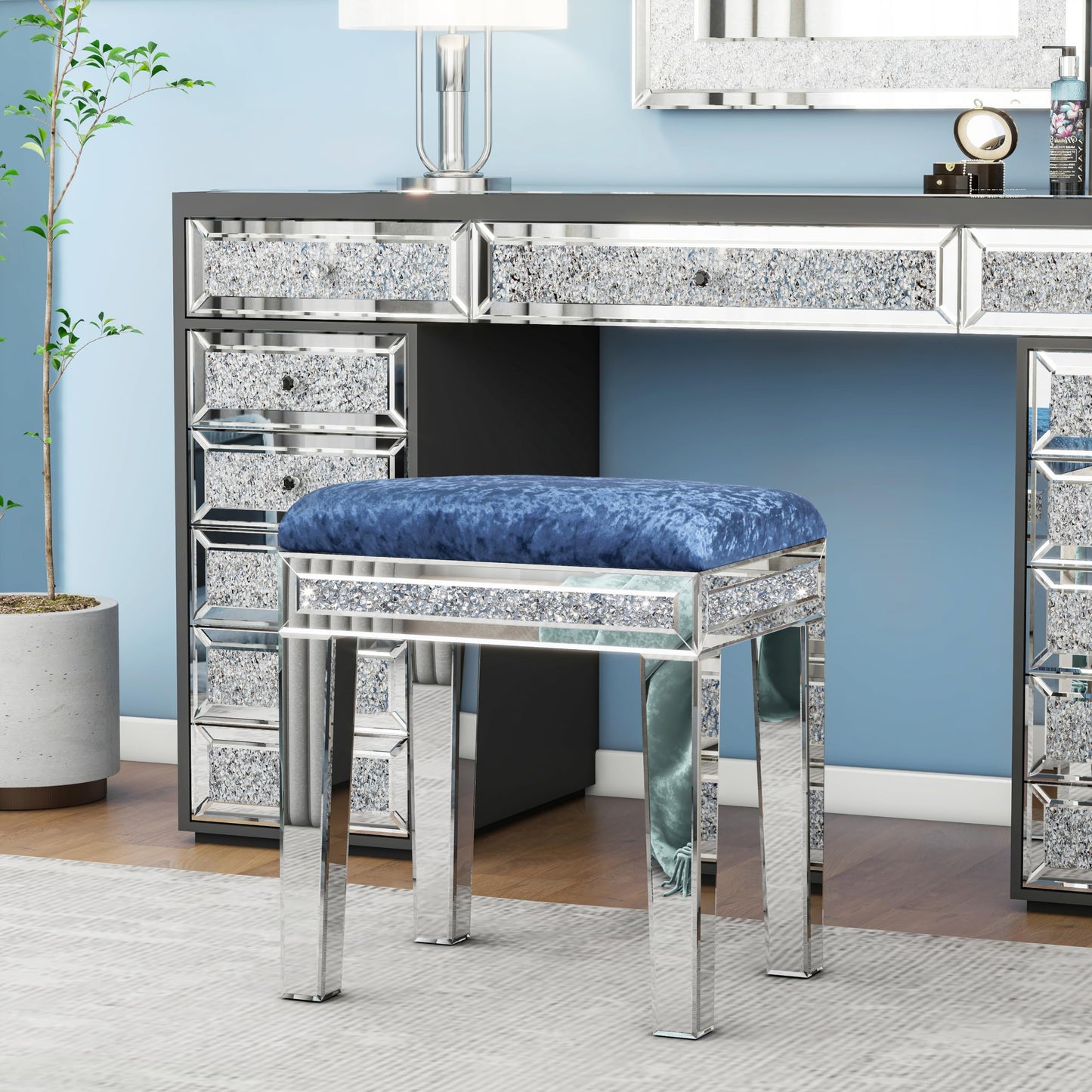 blingworld Mirrored Vanity Stool with Crushed Diamond Inlay Velvet Cushion 19.7'' Tall Stylish Makeup Chair for Bedroom, Vanity Chair, Ottoman for Living Room,Blue