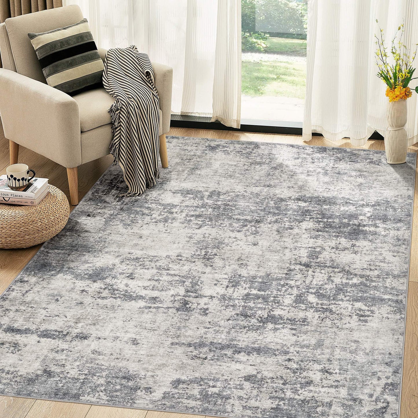 TARANCH Abstract 6x9 Area Rug: Machine Washable Non Slip Ultra Thin Low-Pile Carpet, Soft Stain Resistant for Living Room Bedroom Nursery, Kid Pet Friendly, Robot Vacuum Compatible - Grey Beige