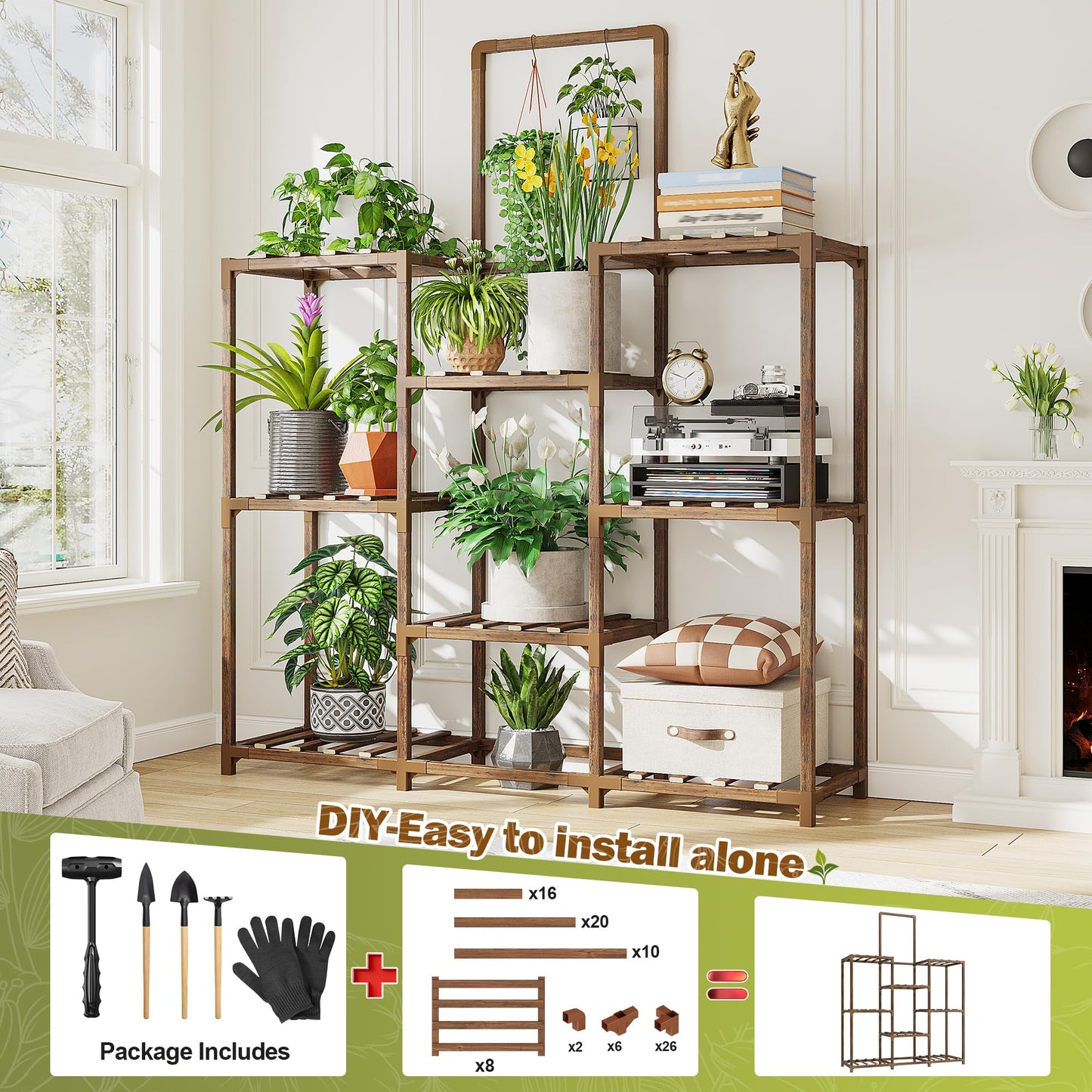 EnHomee Plant Stand Indoor Tall Plant Stand Outdoor Large Wood Plants Shelf with 10-12 Pots for Patio, Living Room, Garden, Balcony, 34.5" Wx47.3 Hx11.78 D