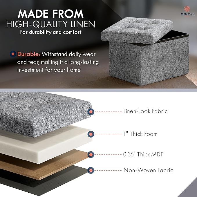 Ornavo Home Small Storage Ottoman Foldable Collapsible Rectangle Linen Ottoman