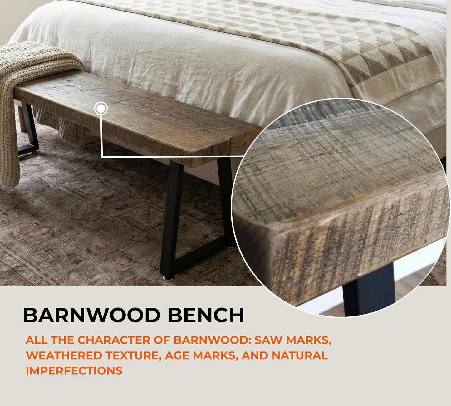 MY VINTAGE FINDS Rustic Revival Reclaimed Barnwood Bench, Solid Wood with Metal Base, Modern Farmhouse Style, 2-Inch Thick Top, for Entryway, Bedroom, Living Room (38x12)