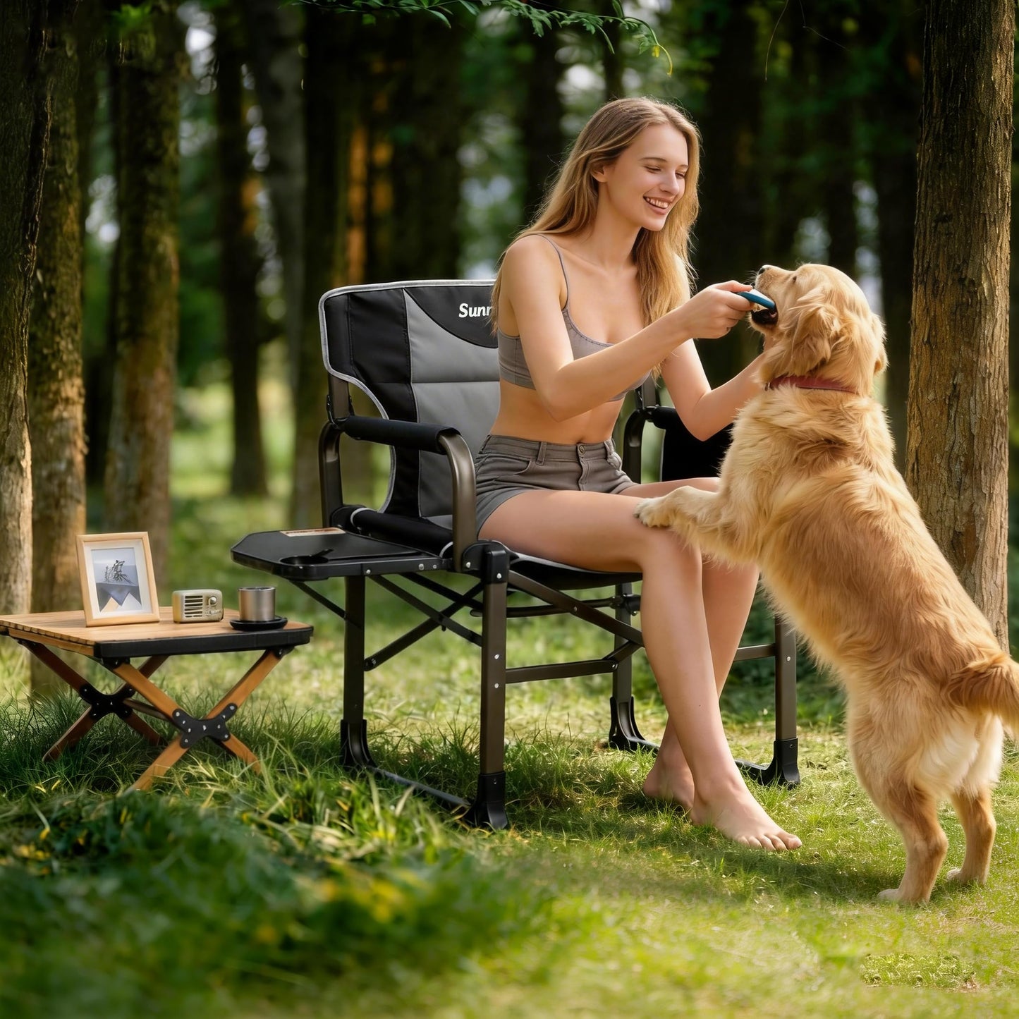 SUNNYFEEL Oversized Camping Directors Chair 2 Pack Portable Foldable Camp Chair for Adults Support 600lbs with Side Pocket and Side Table for Beach, Fishing, Trip, Picnic, Lawn, Outdoor Black