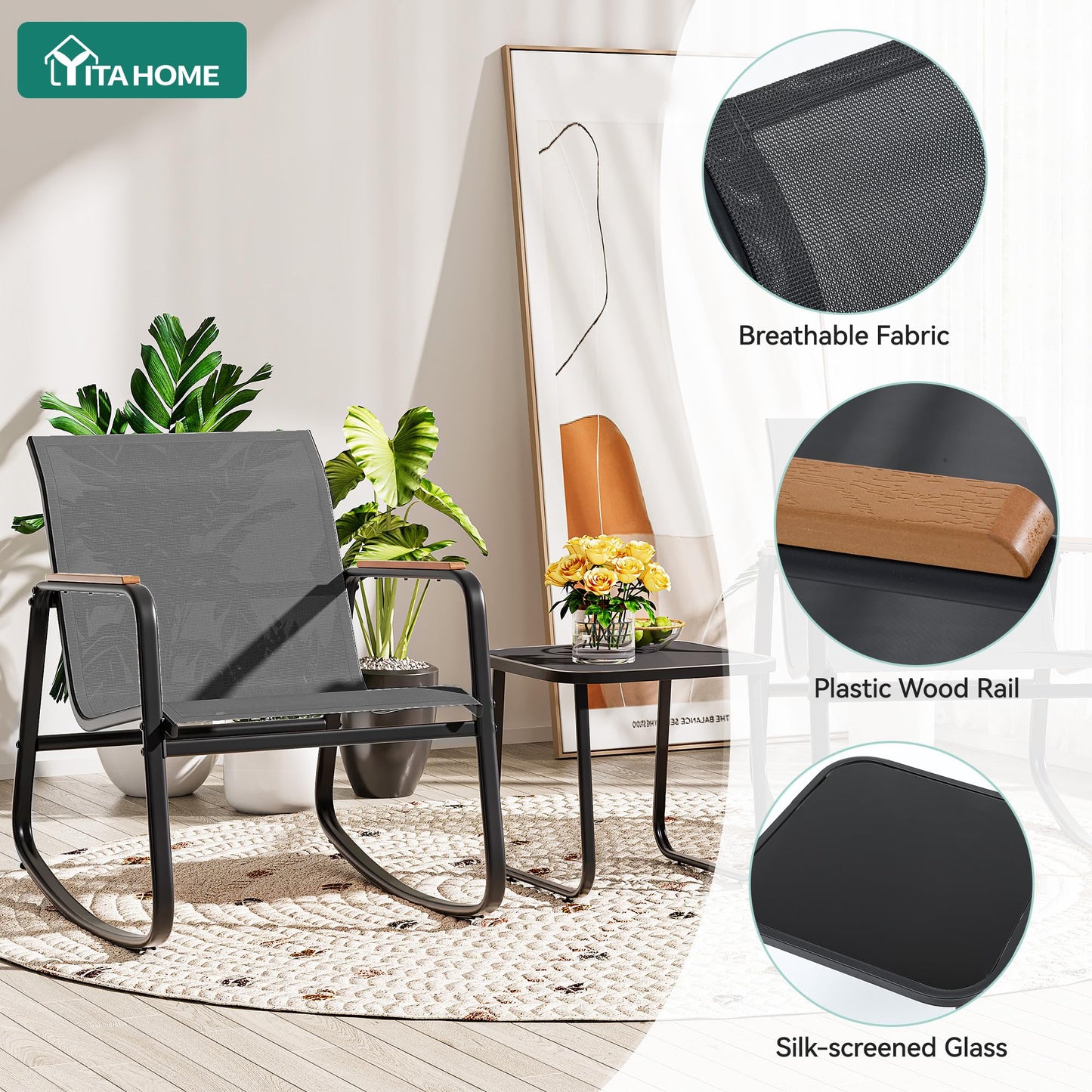 YITAHOME Rocking Patio Furniture Set 3 Piece, Durable Textilene Patio Set w/Wooden Armrest Rocking Chairs & Tempered Glass Table, All Weather for Indoor Outdoor Patio Lawn Garden Poolside, Dark Gray