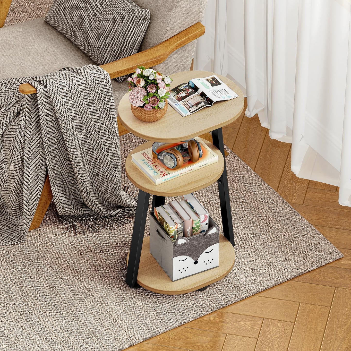 Kalrin Side Table, Small End Table with Metal Frame, 3-Tier Bedside Tables, Round Side Tables for Living Room Bedroom Couch Bathroom, Oval, Modern Oak