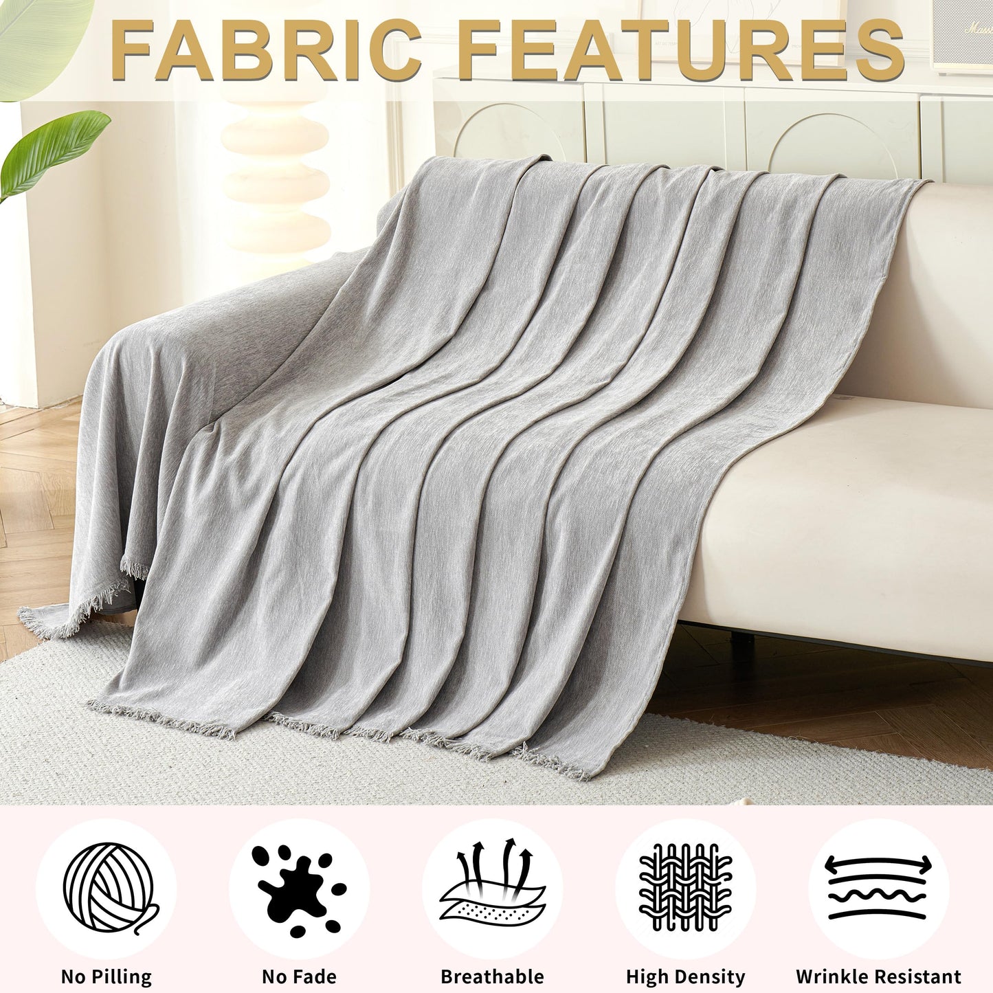 KaviKon Sectional Couch Covers 2-Piece for L Shape Sofa, Chenille Washable Sofa Cover for 2-3 Cushion Couch, Non-Slip Furniture Protector for Dogs,Pets, Soft Couch Blanket Slipcovers Sets (L-Grey)