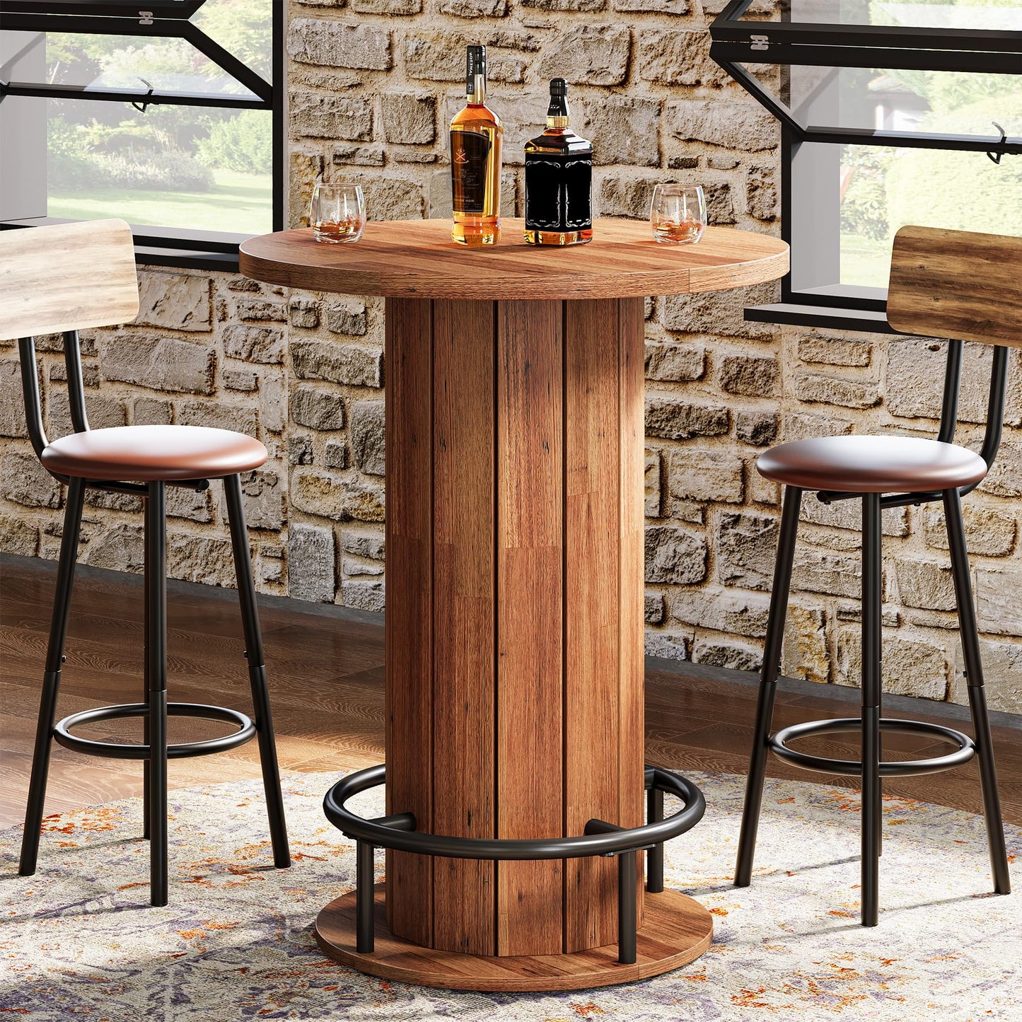Tribesigns Round Bar Table, 39.4" H Wood Bistro Pub Table with Metal Ring Footrest for Dining Coffee Cocktail Living Room, Small Space, Walnut Brown (Only Table)