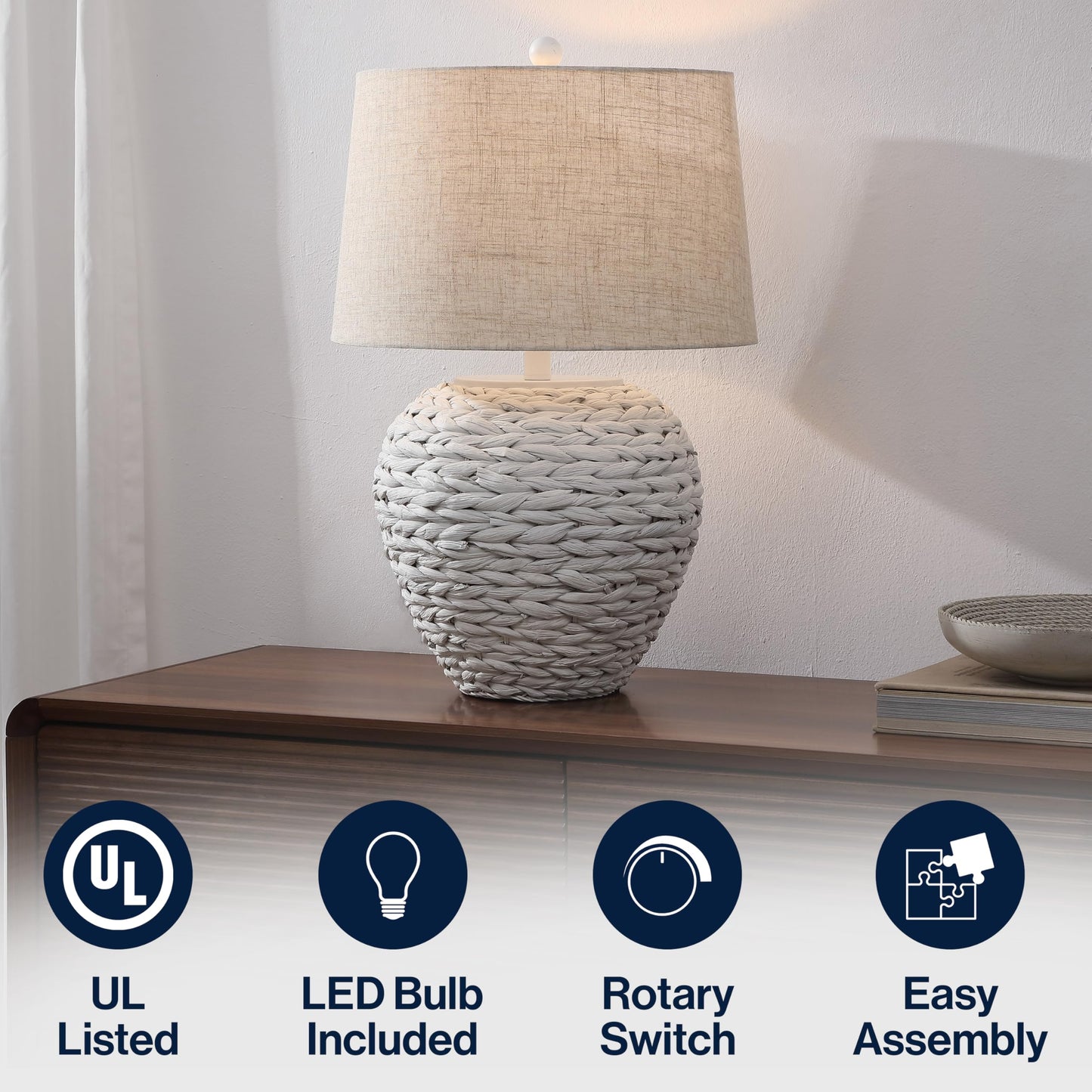 JONATHAN Y 24.5" White Water Hyacinth Farmhouse Basket Table Lamp, Coastal Decor for Living Room Bedroom Nightstand, Light Gray Linen Shade, LED Bulb Included (JYL6501C)