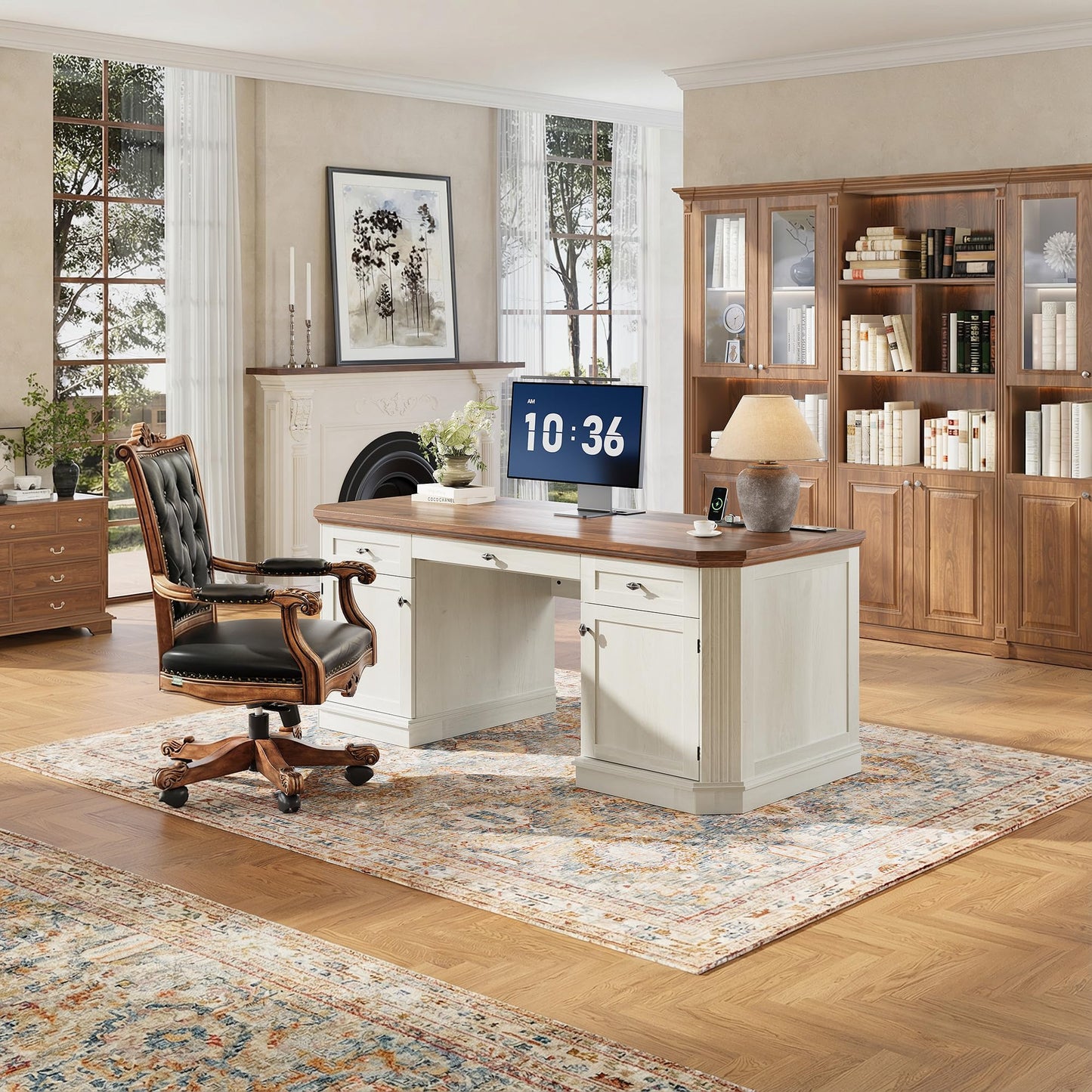 AMBERHAUS 59" Classic Executive Desk with Storage, Victorian Executive Desk with Charging Station, Keyboard Tray, 3 Drawers & Cabinet Storage & Pedestal, Easy Assembly, White