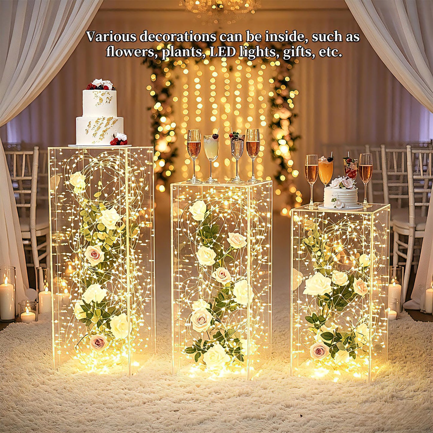 Vincidern 3PCS Acrylic Pedestal Stand for Party, Clear Square Display Plinth Pillar Stand for Wedding Cake Stand, Flower Holder, Sculpture Display, Art Gallery Home Decor (31.5"/27.6"/23.6" H)