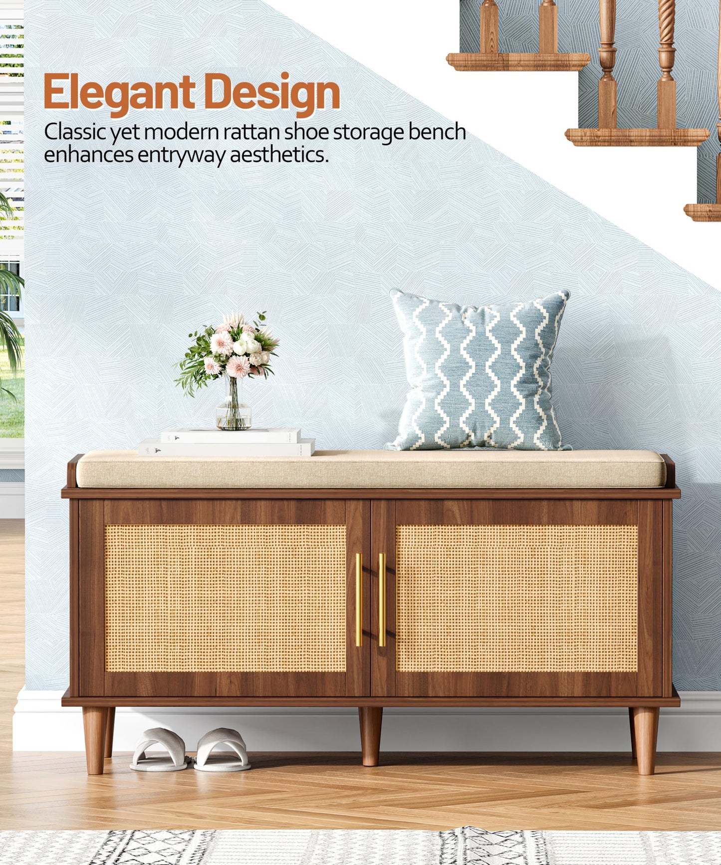 Akxomel Rattan Shoe Storage Bench with Cushion, 2-Tier Entryway Bench with Adjustable Shelves and 2 Doors, 15" D x 39.4" W x 20" H, Solid Wood Legs, for Hallway, Living Room, Bedroom, Walnut