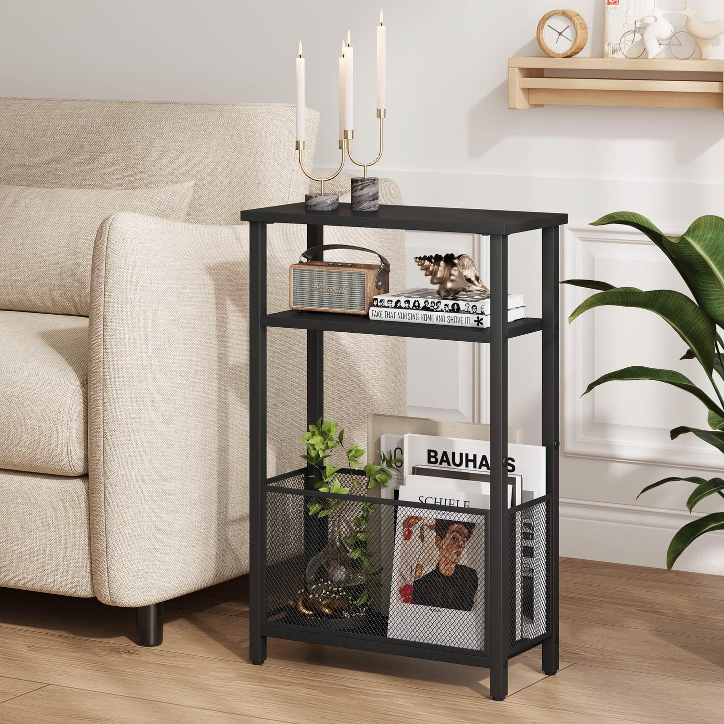 MMEOLUOOK Narrow Side Table with Storage Basket Skinny End Tables for Smalls Spaces 3 Tier Sofa Table Small Nightstand Slim Bedside Table for Living Room Bedroom Black MLBZ22B