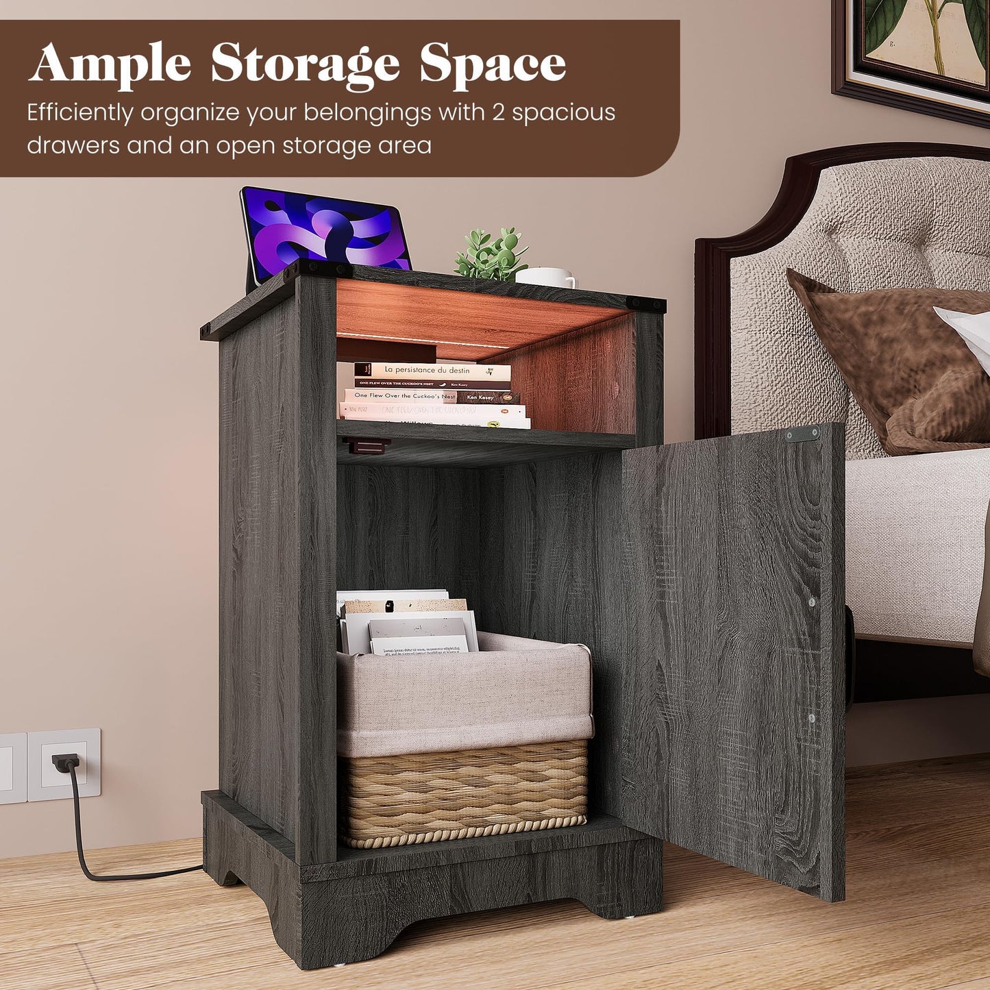 RoyalCraft Farmhouse Nightstand, End Table with LED Lights and Charging Station, Tall Bedside Table with Large Storage and Shelf, Wooden Side Table for Bedroom, Home Office, Dark Grey