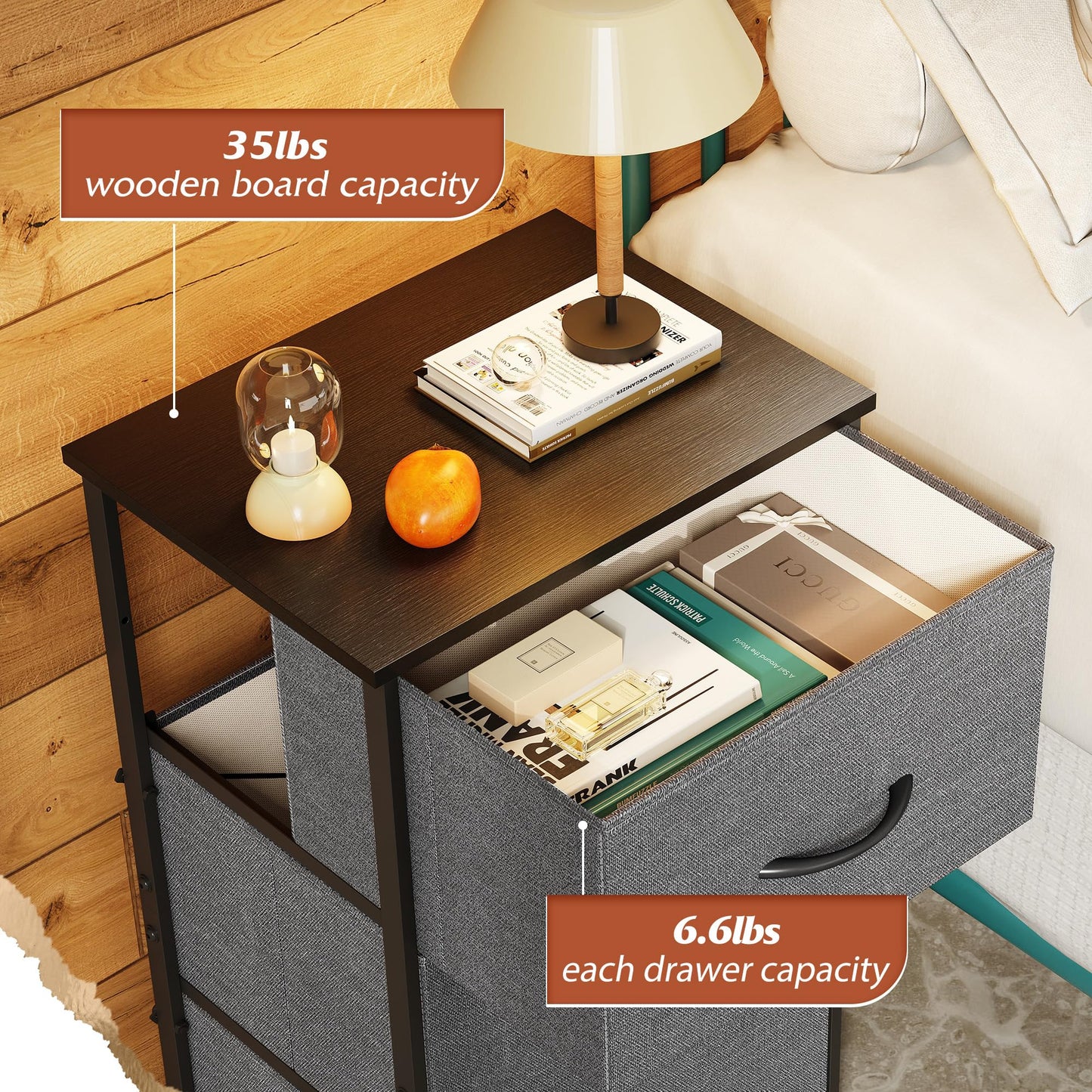 WLIVE Dresser with 3 Drawers, Fabric Nightstand, Organizer Unit, Storage Dresser for Bedroom, Hallway, Entryway, Closets, Sturdy Steel Frame, Wood Top, Easy Pull Handle, Dark Grey