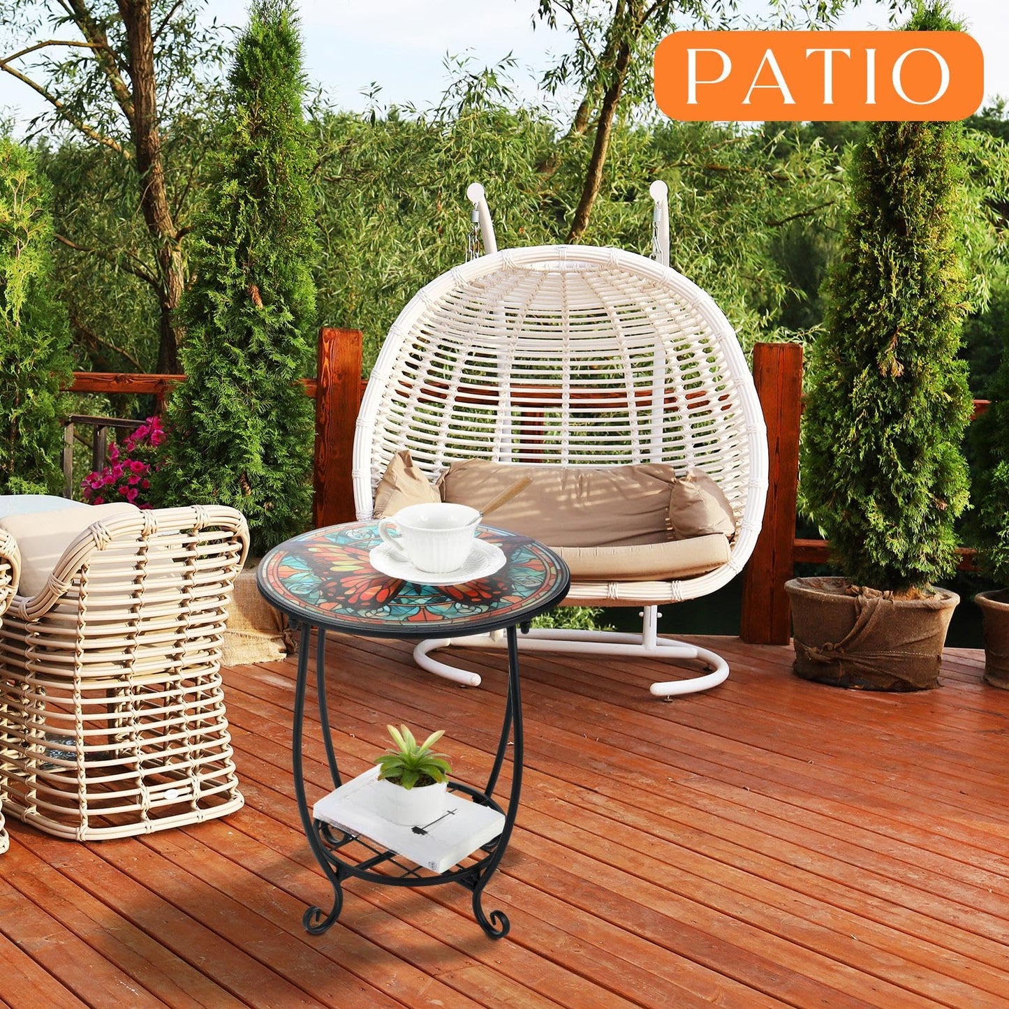 Cinnvoice Outdoor Side Table Round Small Mosaic Patio Accent Indoor End Plant Coffee Tea Table for Yard Patio Porch Garden Living Room, Bedroom(Butterfly B Style,14 Inch)