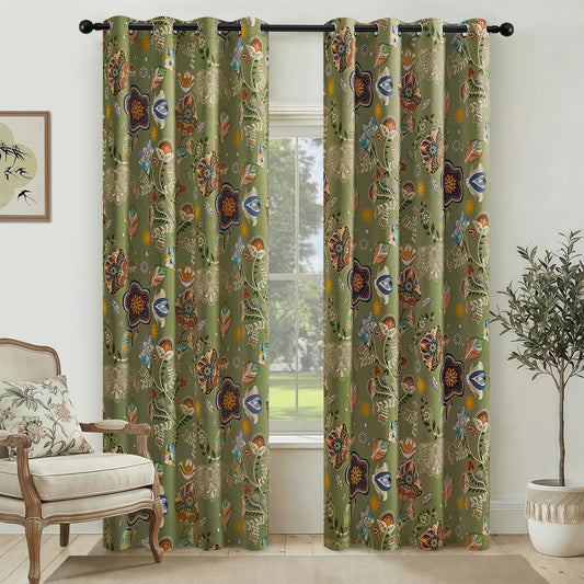 XiDi Sage Green Floral Patterned Curtains 100% Blackout Curtains 84 Inches Long Farmhouse Boho Cottagecore Spring Curtain for Bedroom Modern Living Room Thermal Insulated Window Drapes 2 Panels 52x84