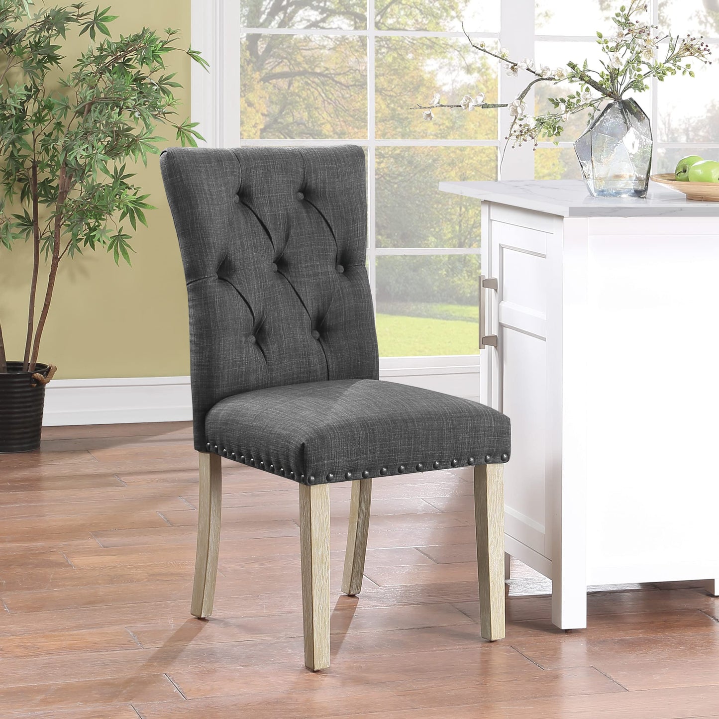 OSP Home Furnishings Preston Dining Chair 2-Pack with Button Tufted Back and Antique Bronze Nailhead Trim, Charcoal Fabric