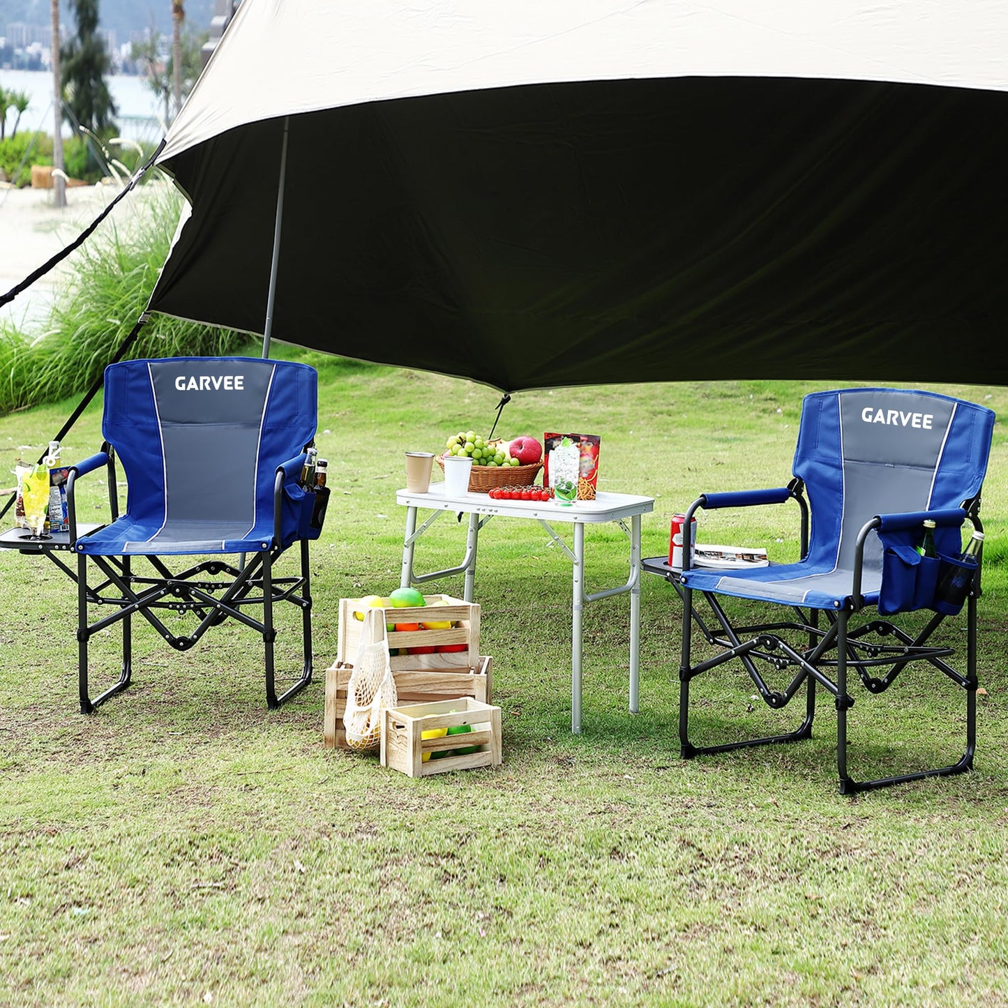 GarveeLife 2 Pack Oversized Directors Camping Chair, Portable Folding Chair for Adults Support 400 lbs, Heavy Duty Lawn Chair with Side Table, for Camping, Sports, Picnic, Beach, Fishing, Blue
