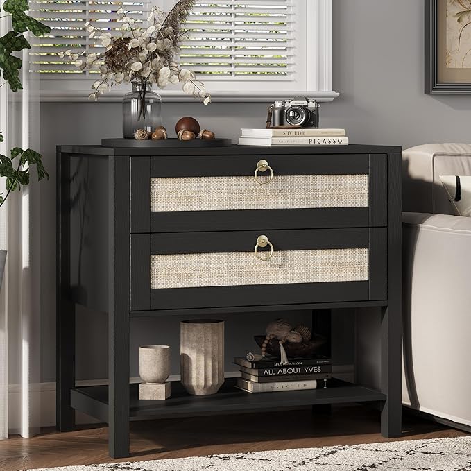 Xixini Nightstand wih 2 Drawers & Open Shelf, Small Mid Century Modern Night