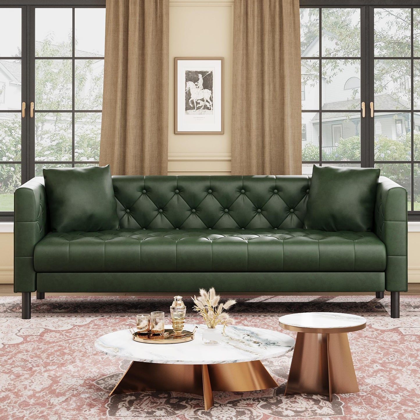 GarveeHome 81 in Leather Couch for Living Room, Modern Sofa Couch with Deep Seat, Handmade Button Tufted 3 Seater Sofa, Leather Sofa for Apartment, Office, Green