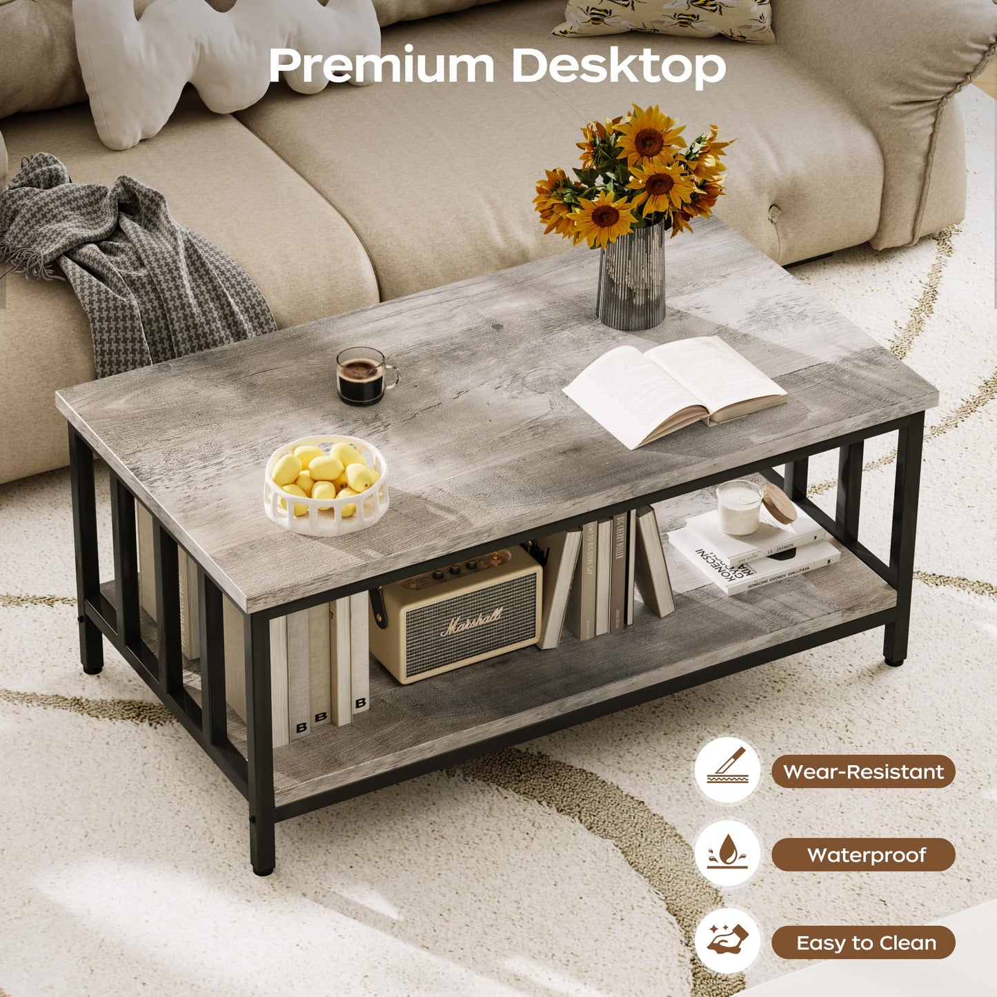 Homeiju Coffee Table for Living Room with Slatted Sides Frame, Modern Farmhouse Living Room Table with 2-Tier Storage Shelf for Home Office, Apartment, Grey Wash, 39 inch